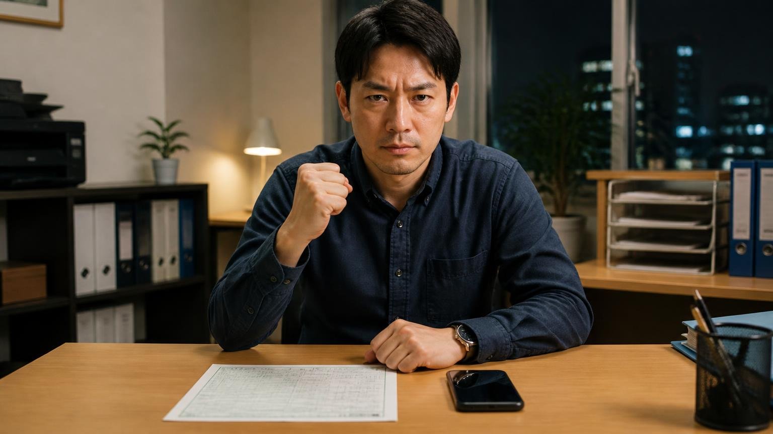 今日から動くための6ステップ 夜の事務所で車検証とスマホを机に並べ、決意した表情で座る男性1人