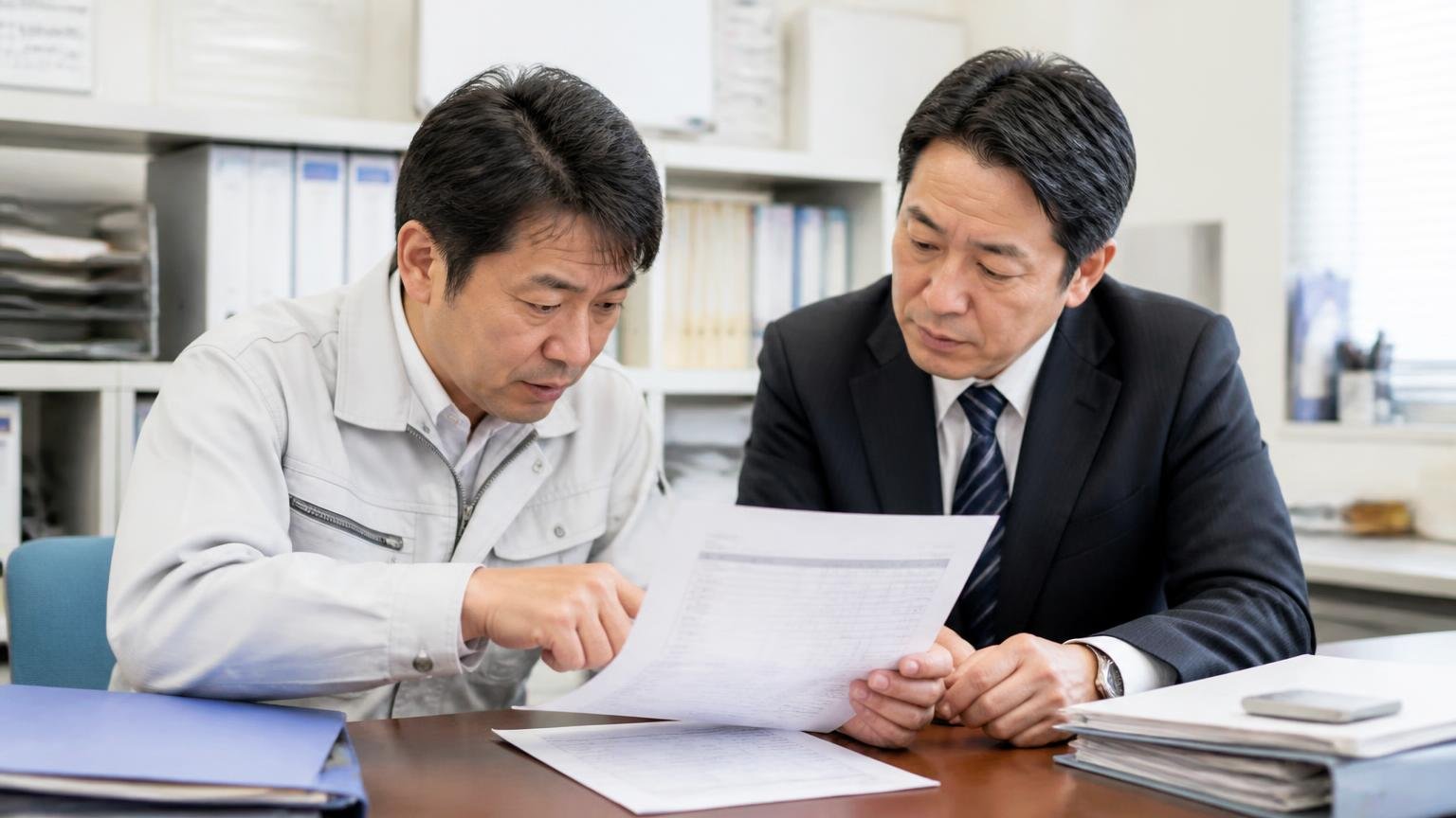 減額の条件を先に書面でもらう。事務所の机で見積書の但し書きを指さす40代男性2人が確認し合う