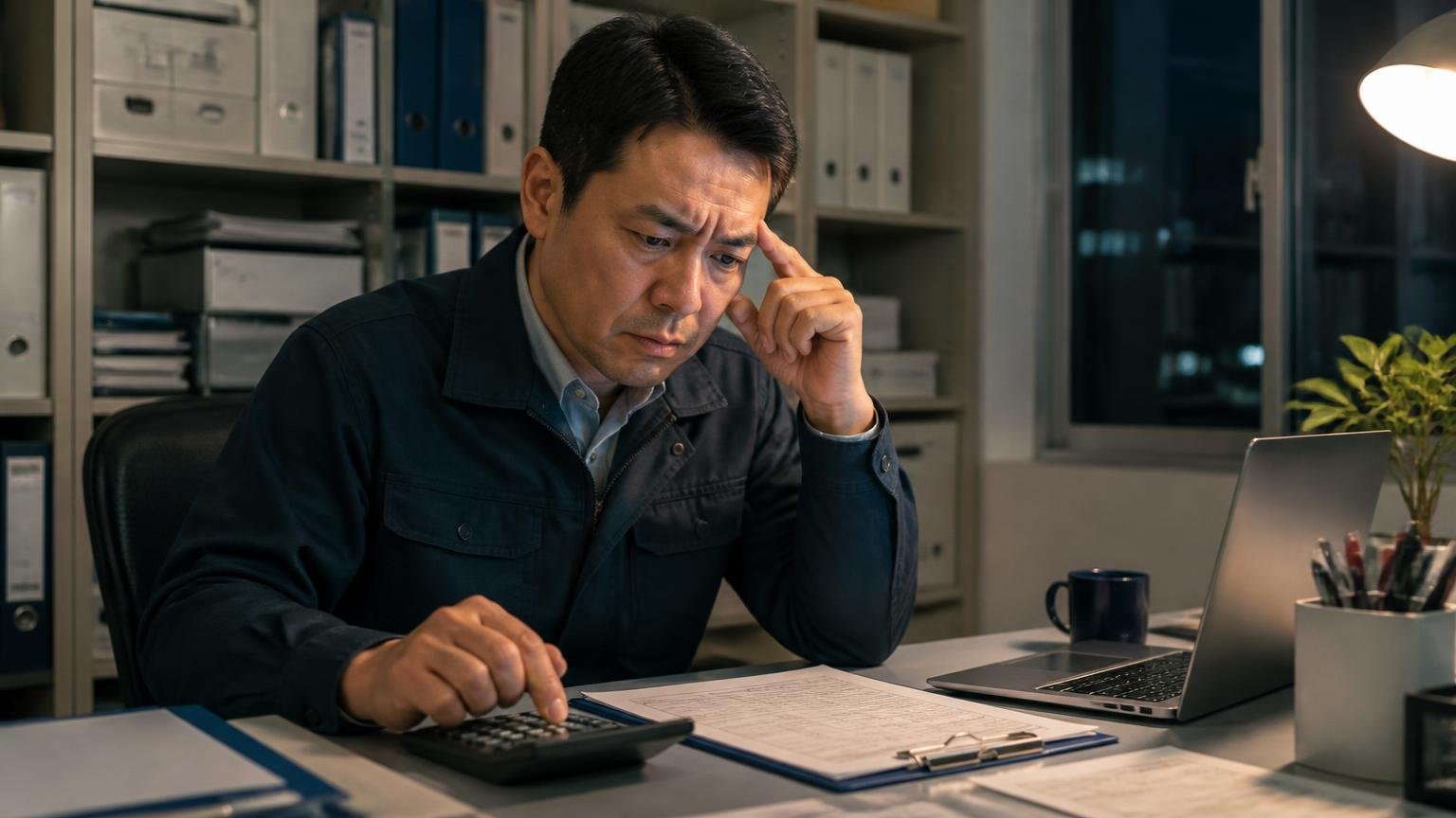 修理を決める前に手元にない方の数字を埋める 夜の事務所で修理見積書を前に電卓を叩く男性が眉間にしわを寄せる