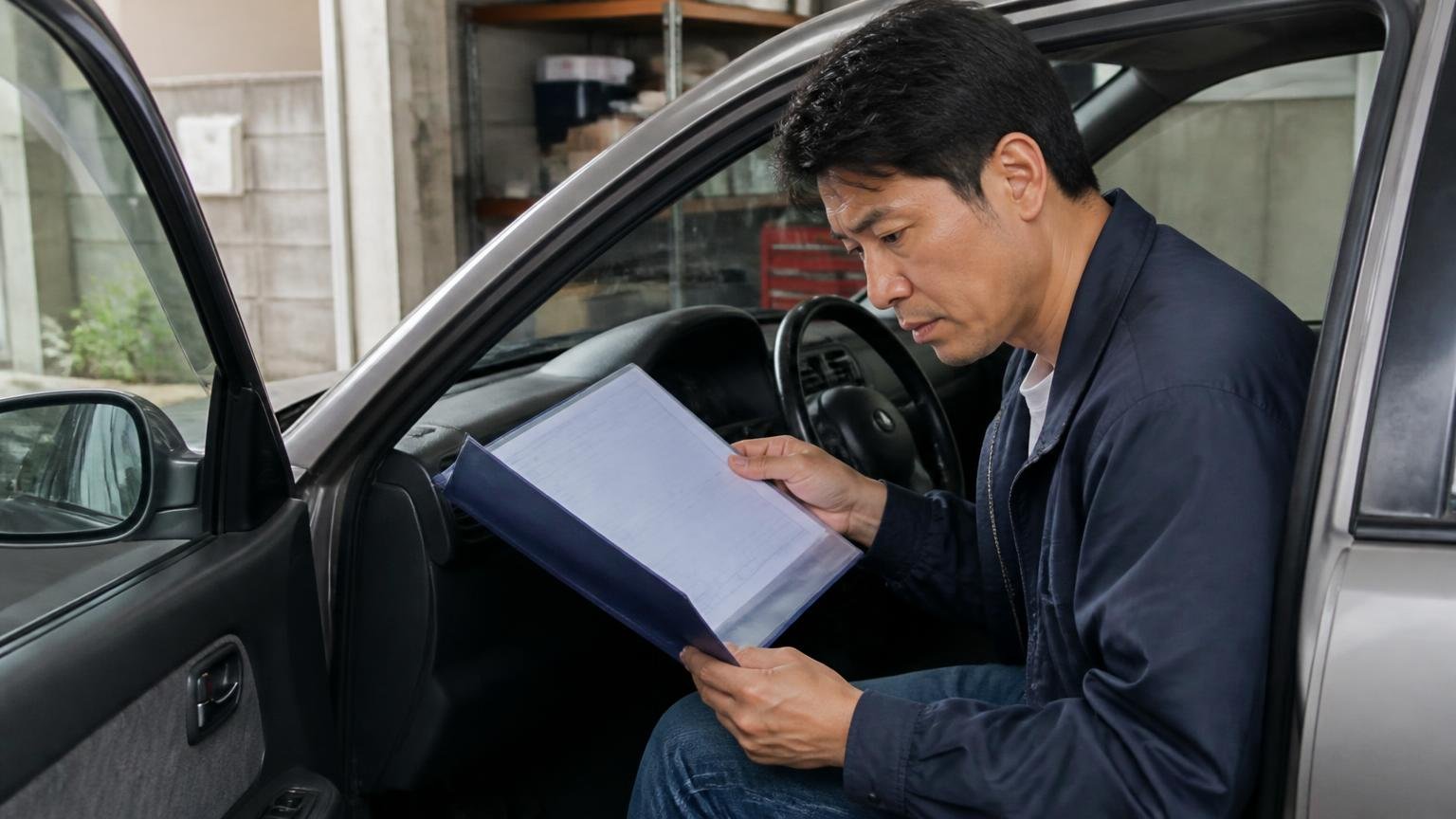 査定を頼む前に、車検証を1回だけ開いてください|早朝の車庫で運転席のドアを開けた1人が車検証入れを手に所有者欄を確認する