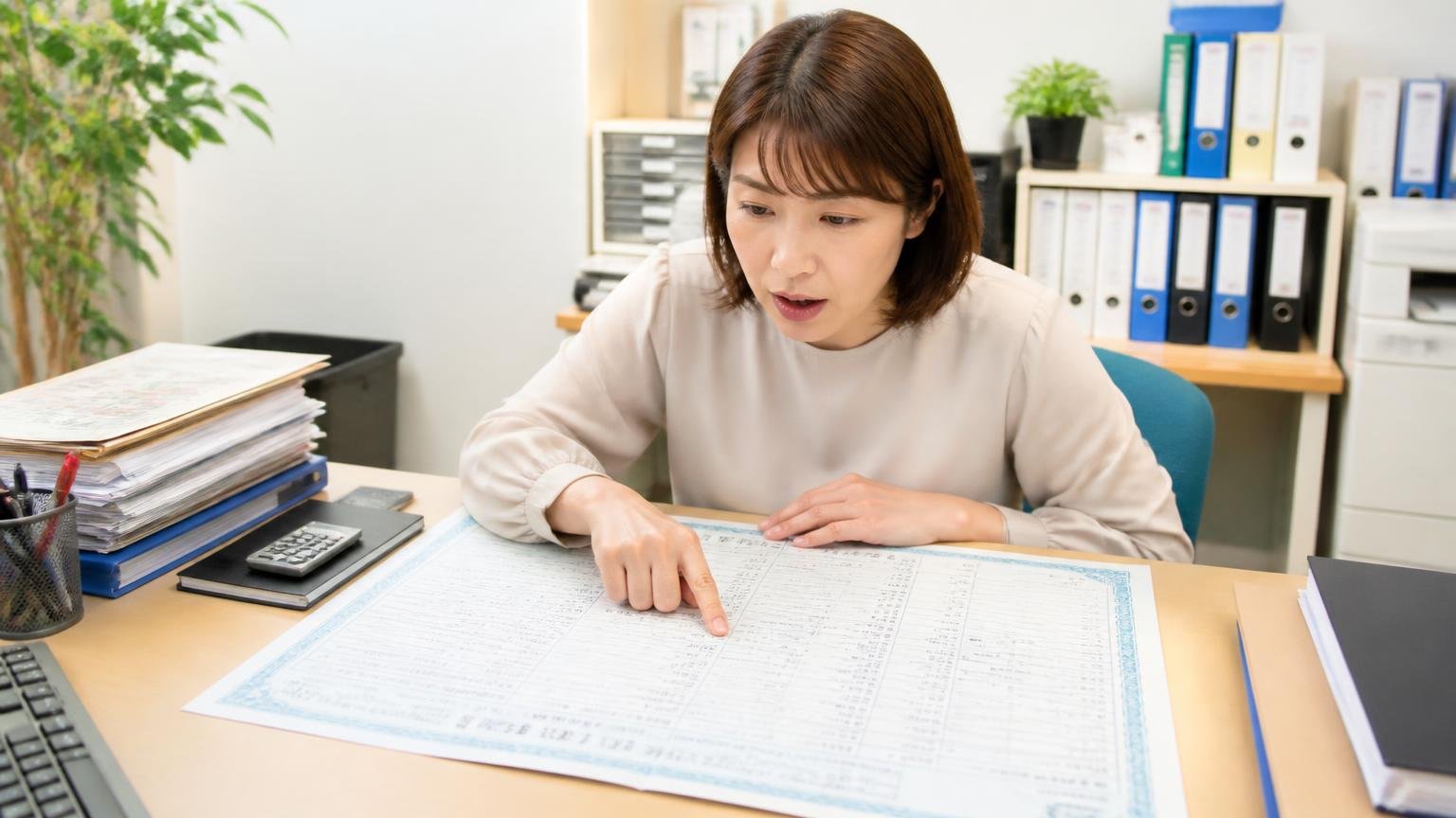 車検証の所有者の欄を見る 事務所の机で車検証を広げて確認する 女性1人が指で欄をたどって表情を変える
