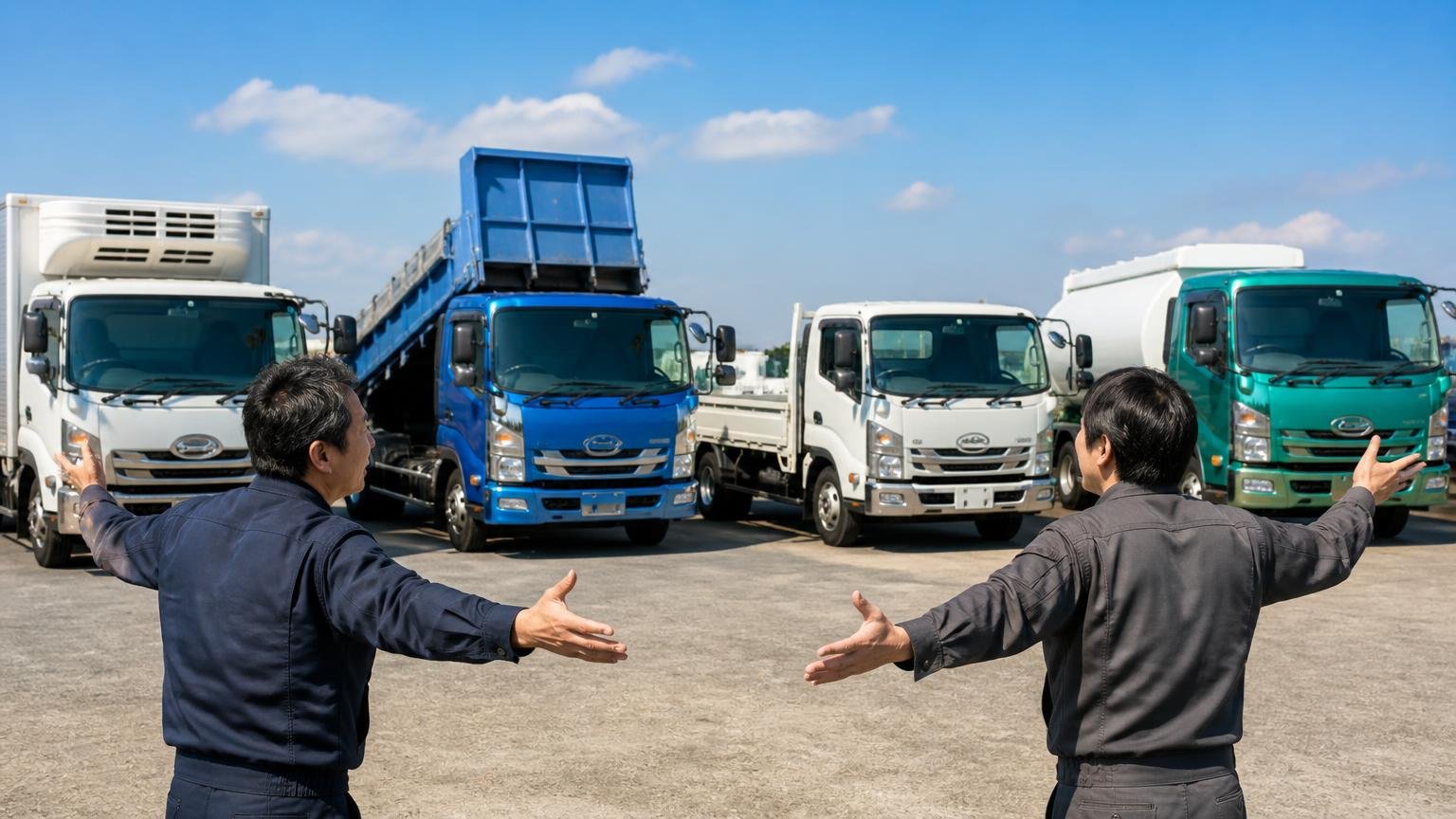 相場を1つの数字で語れない理由。屋外の車両置き場に並ぶ架装違いのトラックを、大きく手を広げて見比べる男性2人