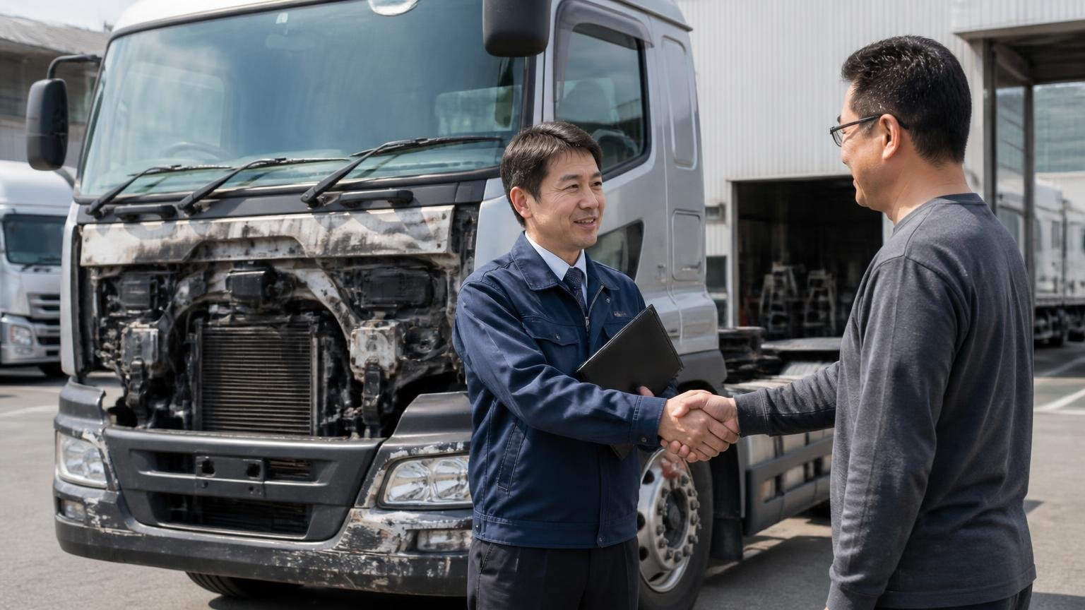 故障を抱えたクオンでも査定を受け付ける買取業者、営業所の車庫で査定士がトラックを見ながら説明する場面、査定士と依頼主の2人が握手を交わす