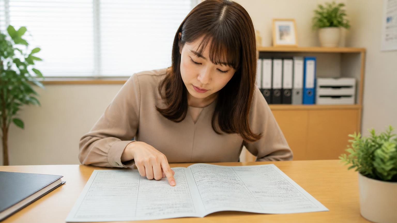 査定を頼む前に車検証で確認する2つのこと　事務所で車検証を広げる女性1人　指でなぞる