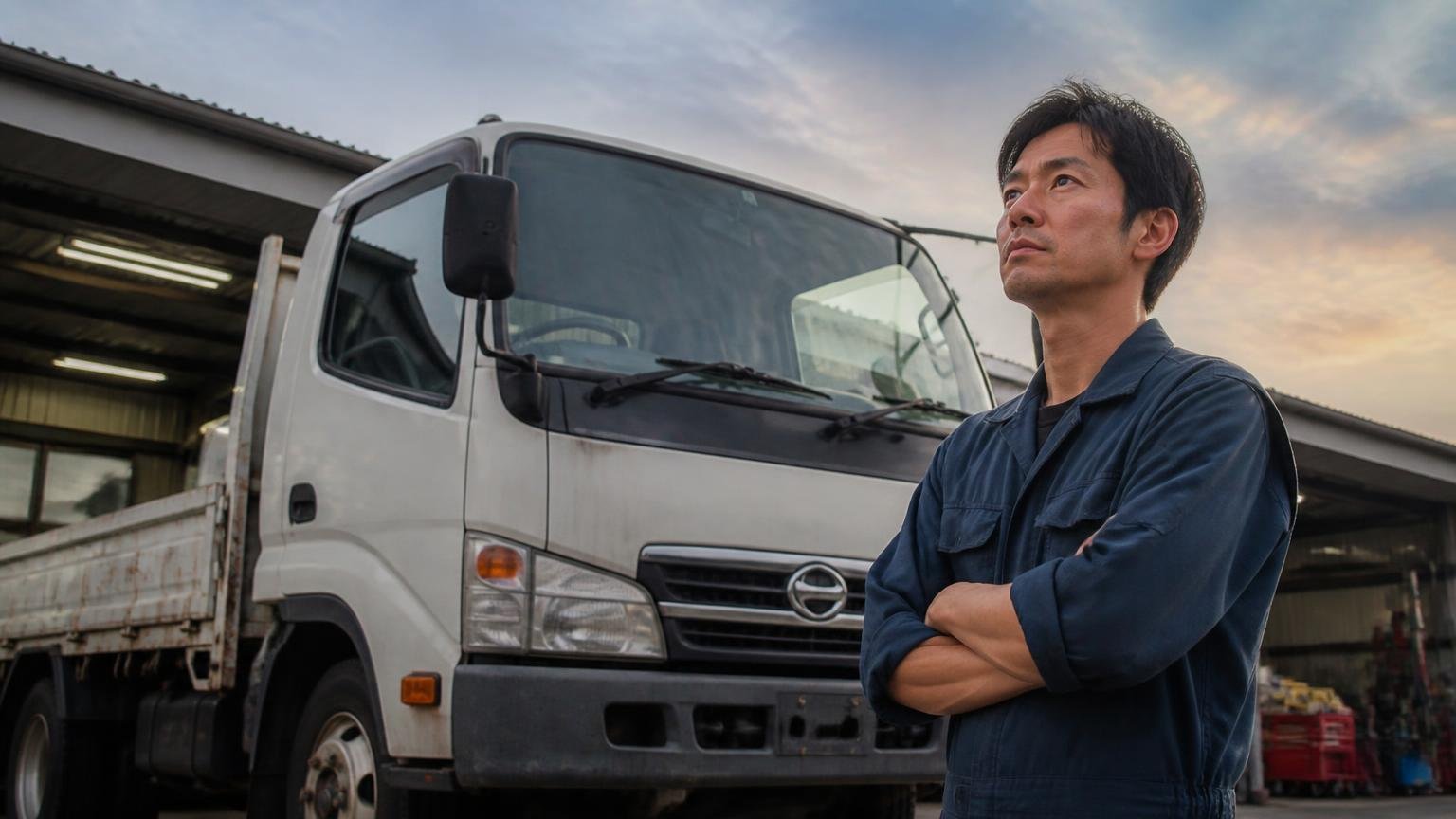 調子が落ちてきたデュトロの今の価値を無料で確かめる 夕方の車庫でトラックを見上げる 男性1人 決意した表情