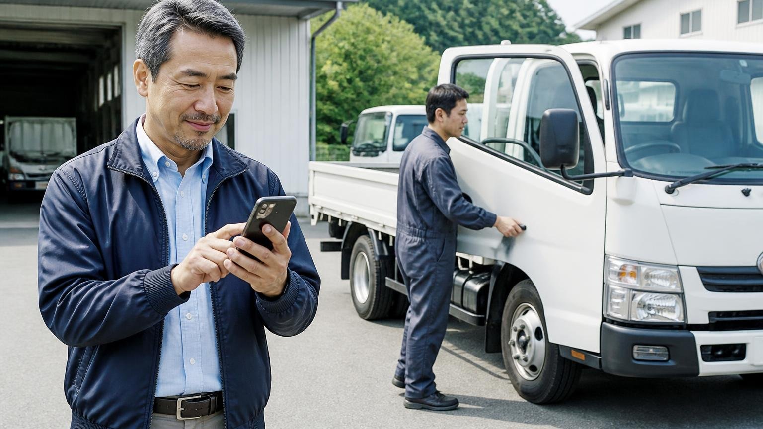 まずは無料の出張査定からキャンターの査定に対応する買取業者 早朝の車庫で運転席のドアを開ける 50代男性がスマホで査定を申し込む