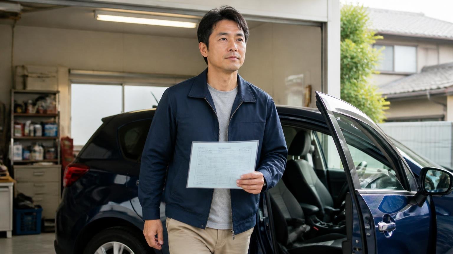 今日から動ける3ステップ。早朝の車庫で運転席のドアを開けた男性1人が、車検証を手に前を向いて歩き出す