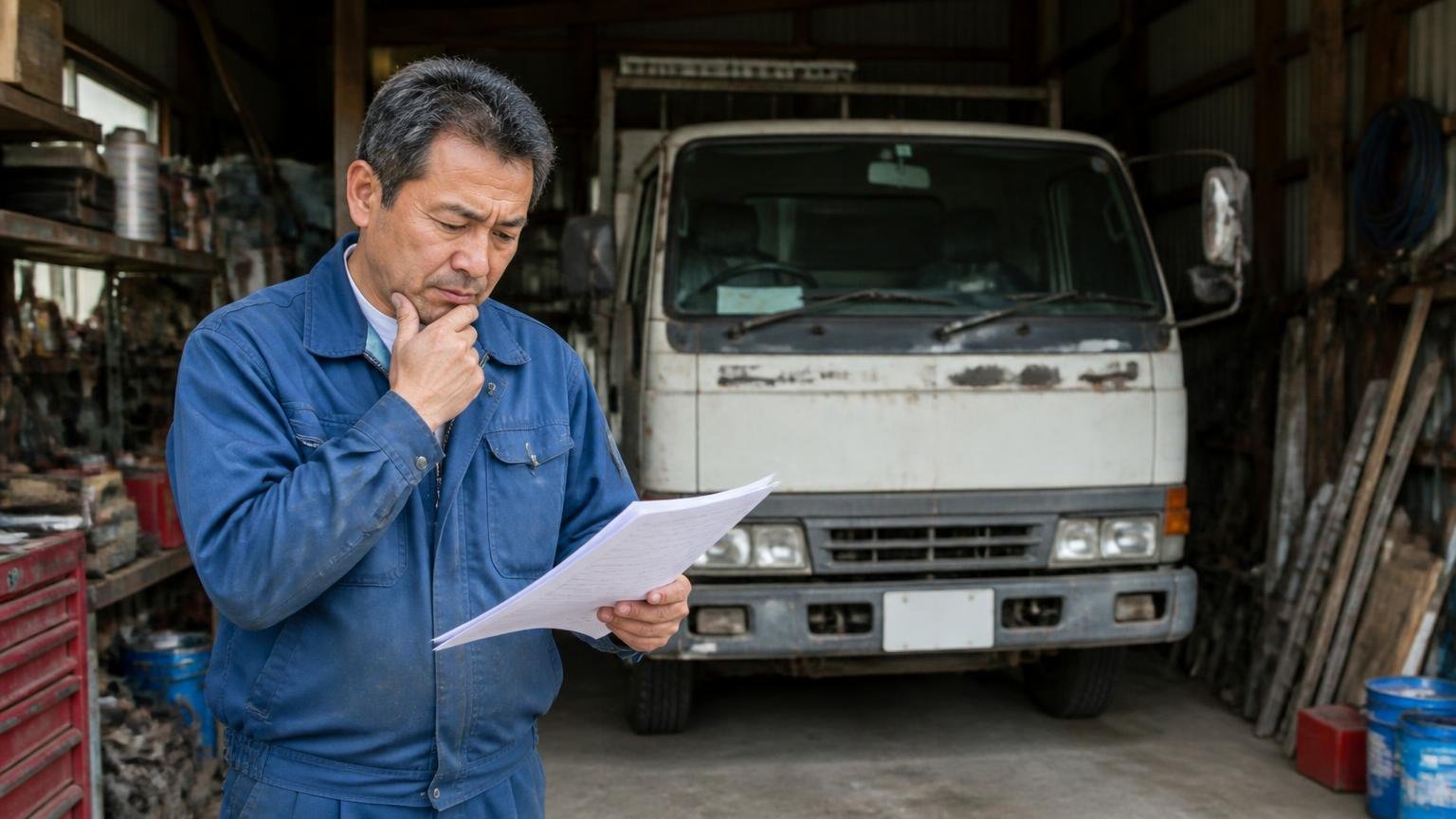 解体に出す前のリサイクル料金の扱い。車庫の奥の不動トラックの前で、50代男性1人が書類を手に考え込む