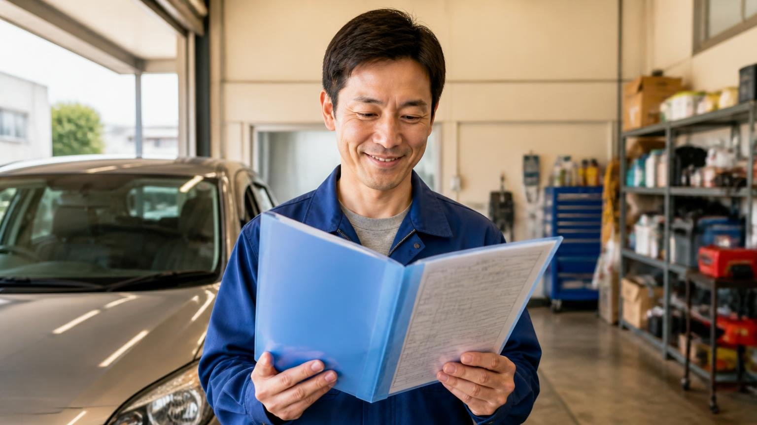 今日からできる3ステップ。早朝の車庫で車検証ファイルを開く男性1人、前向きな表情