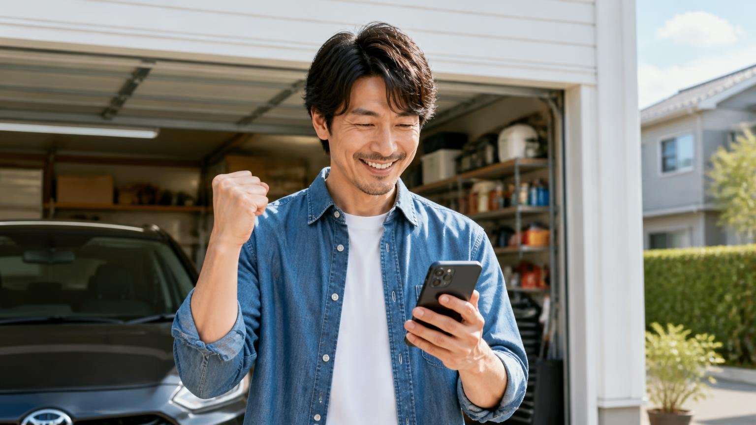 今日から動ける買取業者を選ぶ。朝の車庫でスマホを手に査定を申し込む男性1人が晴れやかな表情