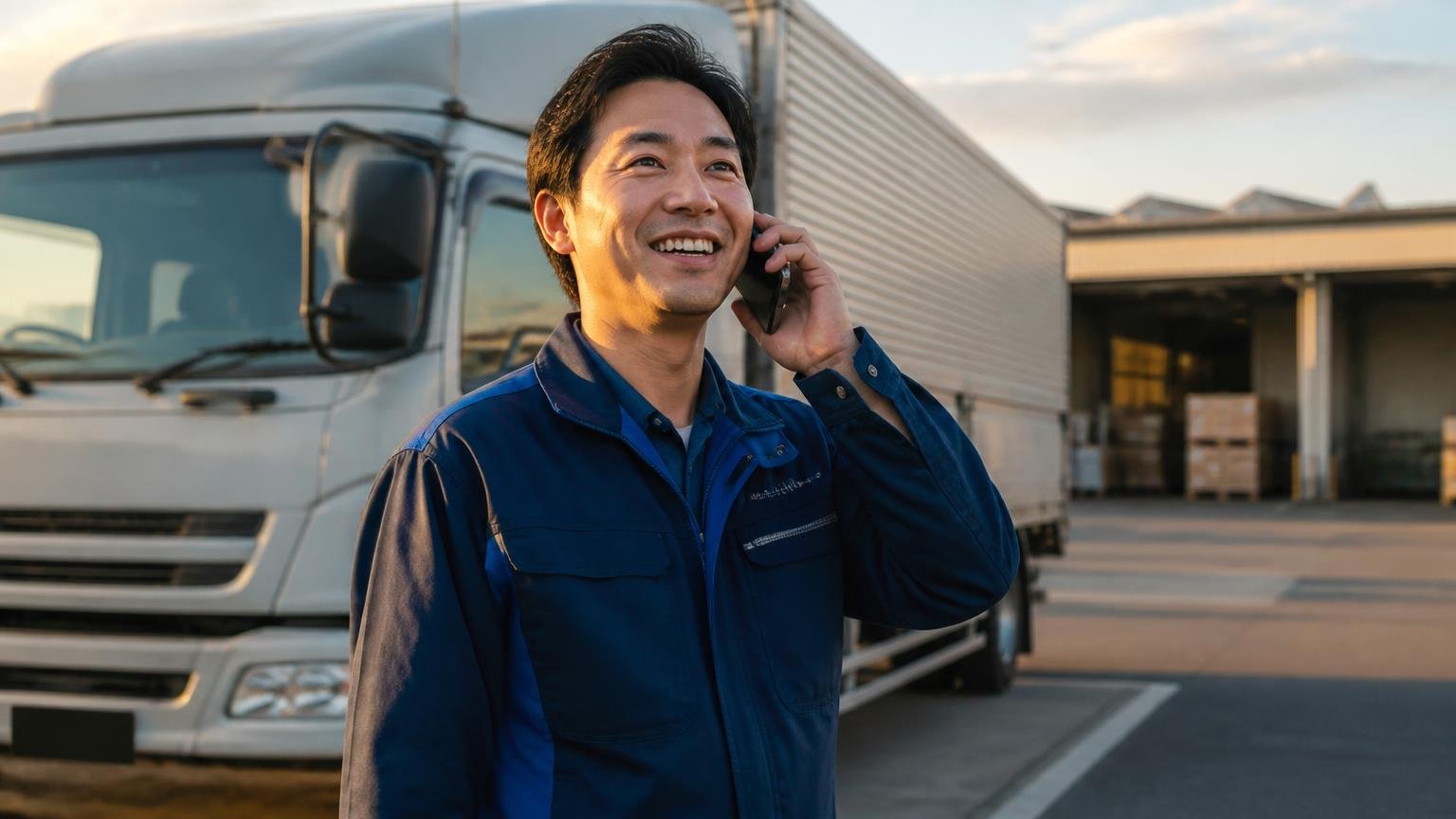 比べる1社目を決める場面。夕方の営業所前でトラックを背に電話をかける男性1人が晴れやかな表情