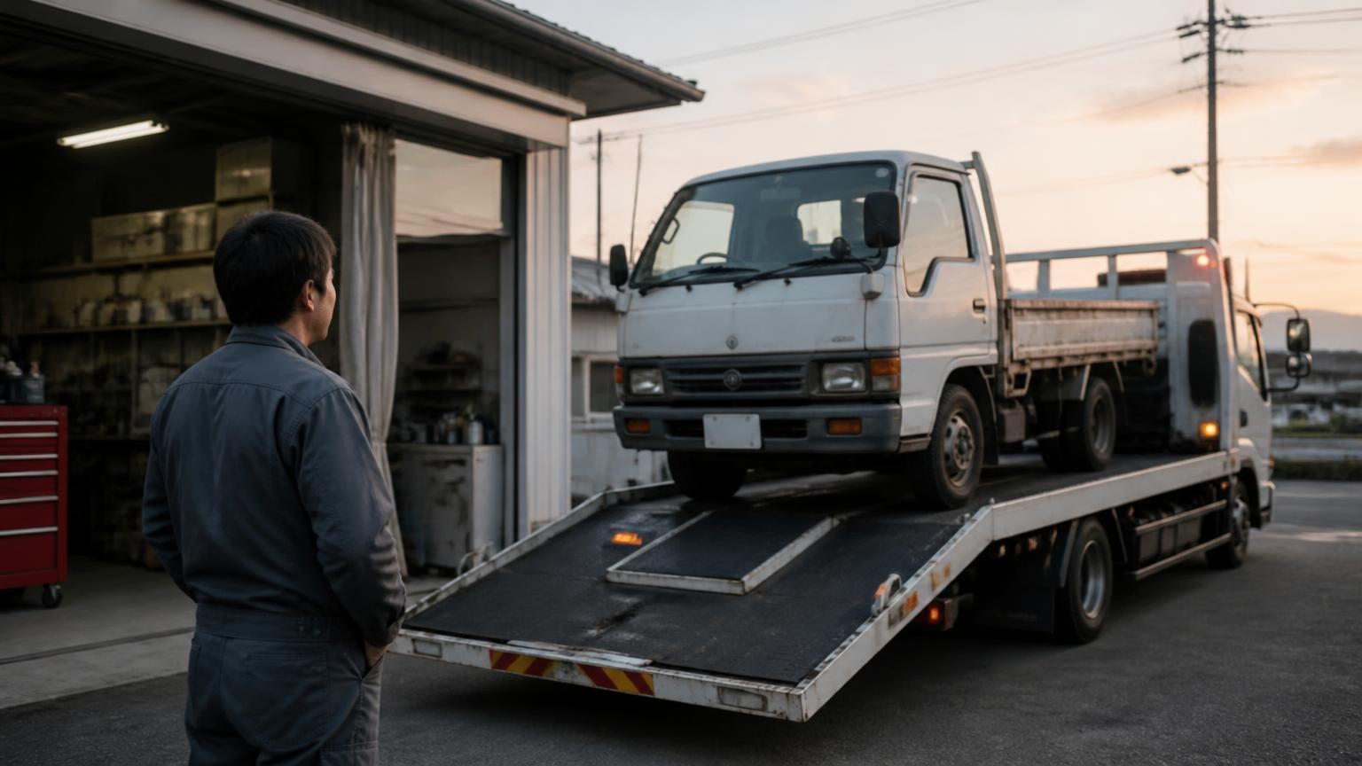 低年式でも査定してくれる業者｜夕方の車庫で積車に載せられるトラックの前に立つ男性1人が静かに見送る