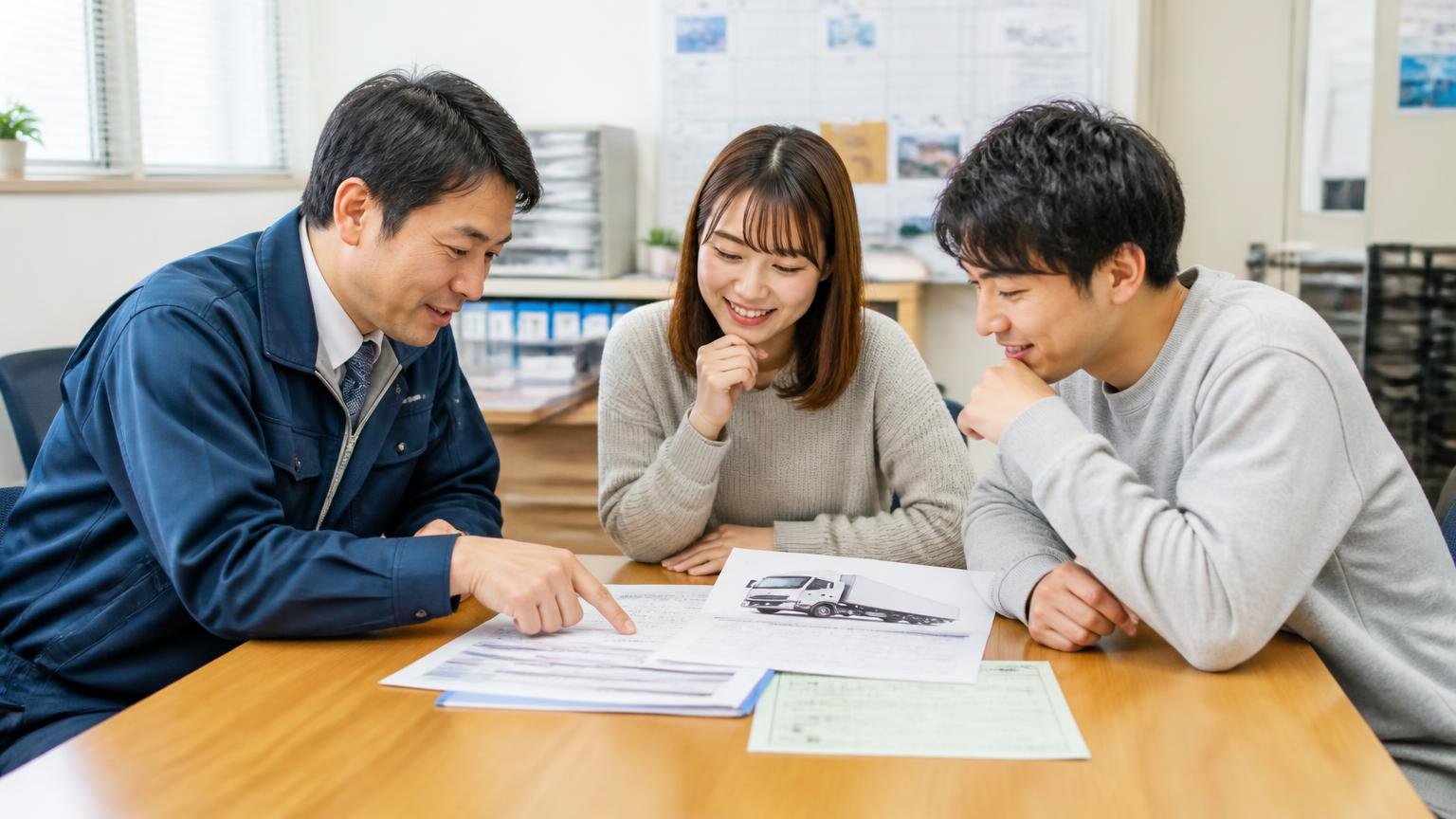 よくある質問。運送会社の事務所の打ち合わせ机で男女3人が査定の資料と車検証を囲み、身を乗り出して和やかに質問し合う