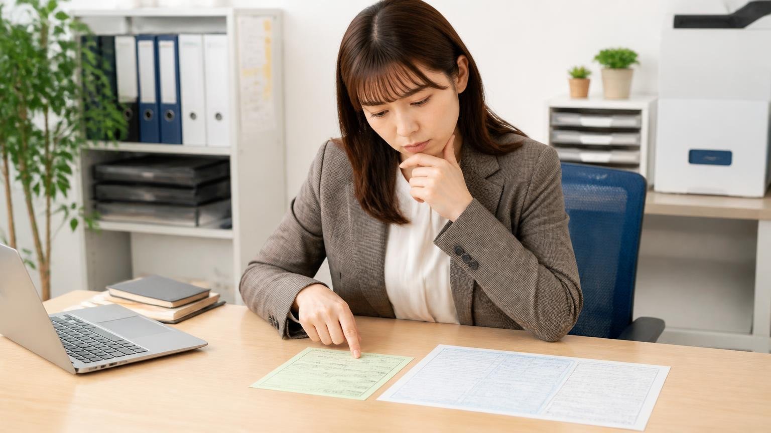 リサイクル料金の扱いを調べる 事務所の机でリサイクル券と車検証を並べた女性1人が確認する
