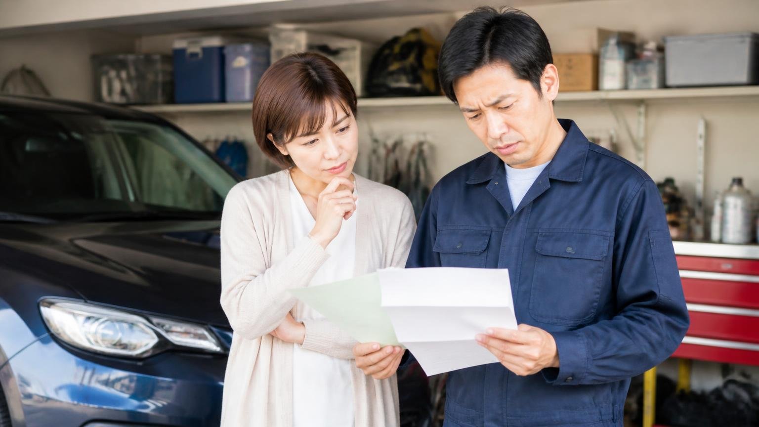 乗り続けるか手放すか決める前に今の金額を確かめたい人へ。車庫で書面を見比べる男女2人