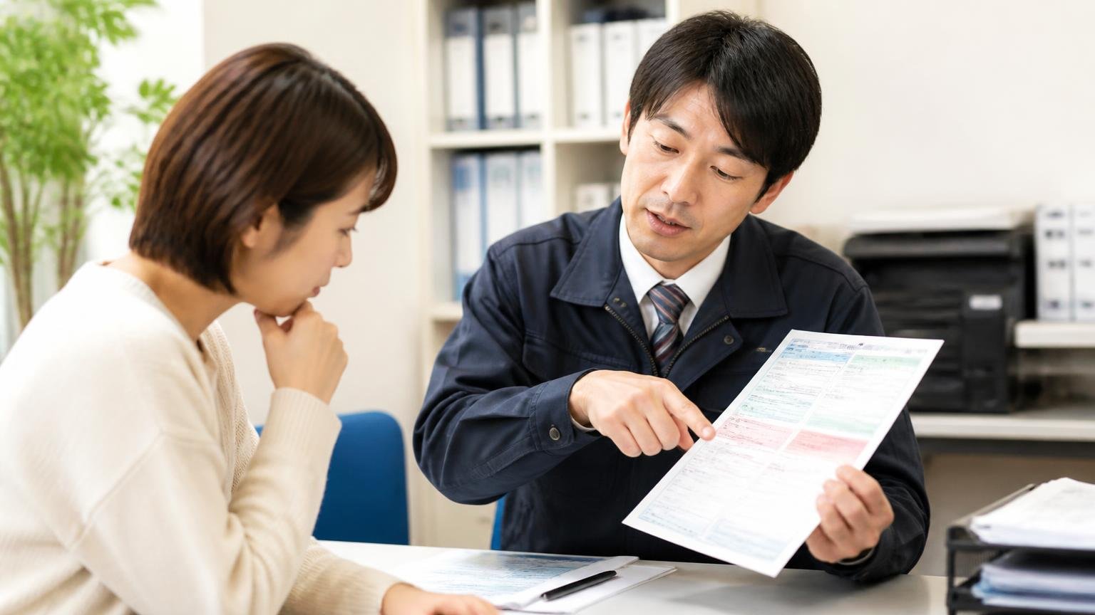リサイクル料金は売ると解体で扱いが違う 事務所でリサイクル券を手に説明を受ける男女2人