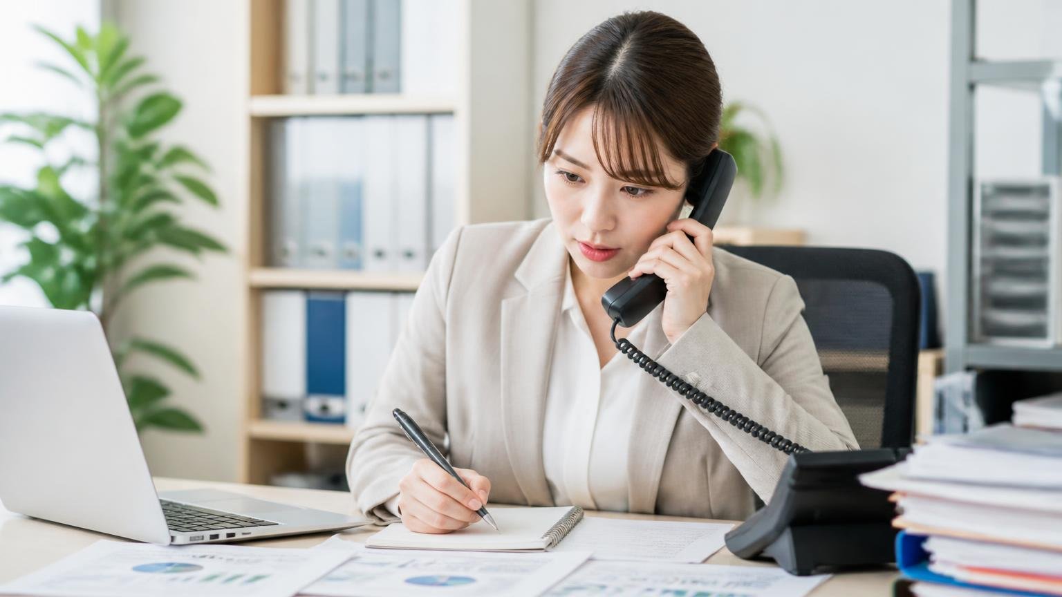 費用の内訳を確認する。事務所で電話をしながらメモを取る30代女性1人が真剣な表情で聞き取る