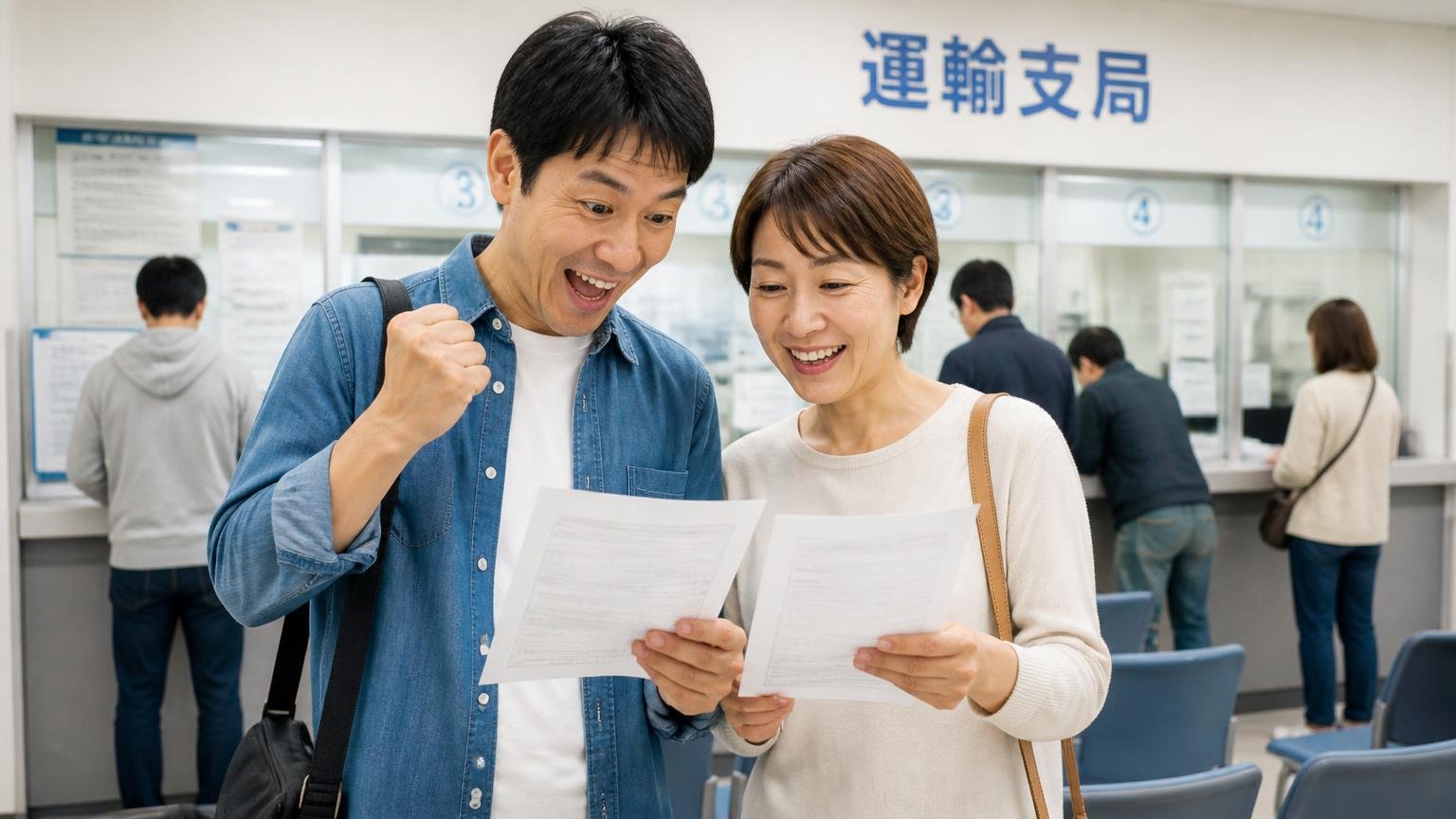名義変更が終わるまでが「売却」です|運輸支局の窓口前で書類を手にした2人が申請の順番を確認して安堵する