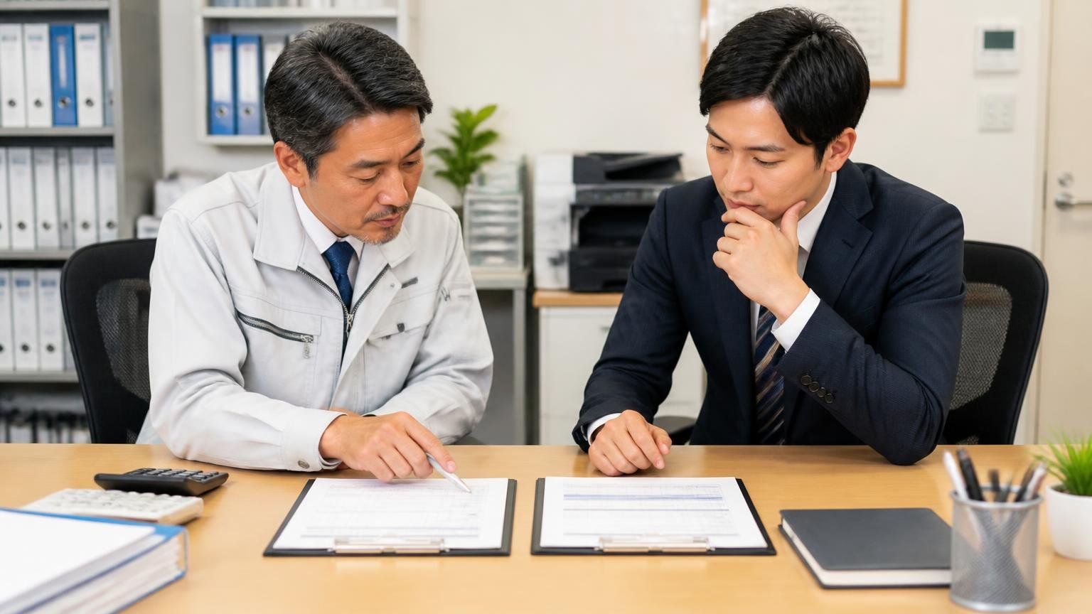2つの数字を揃える。事務所の机に修理見積書と査定書を並べ、2人が見比べて話し合う場面