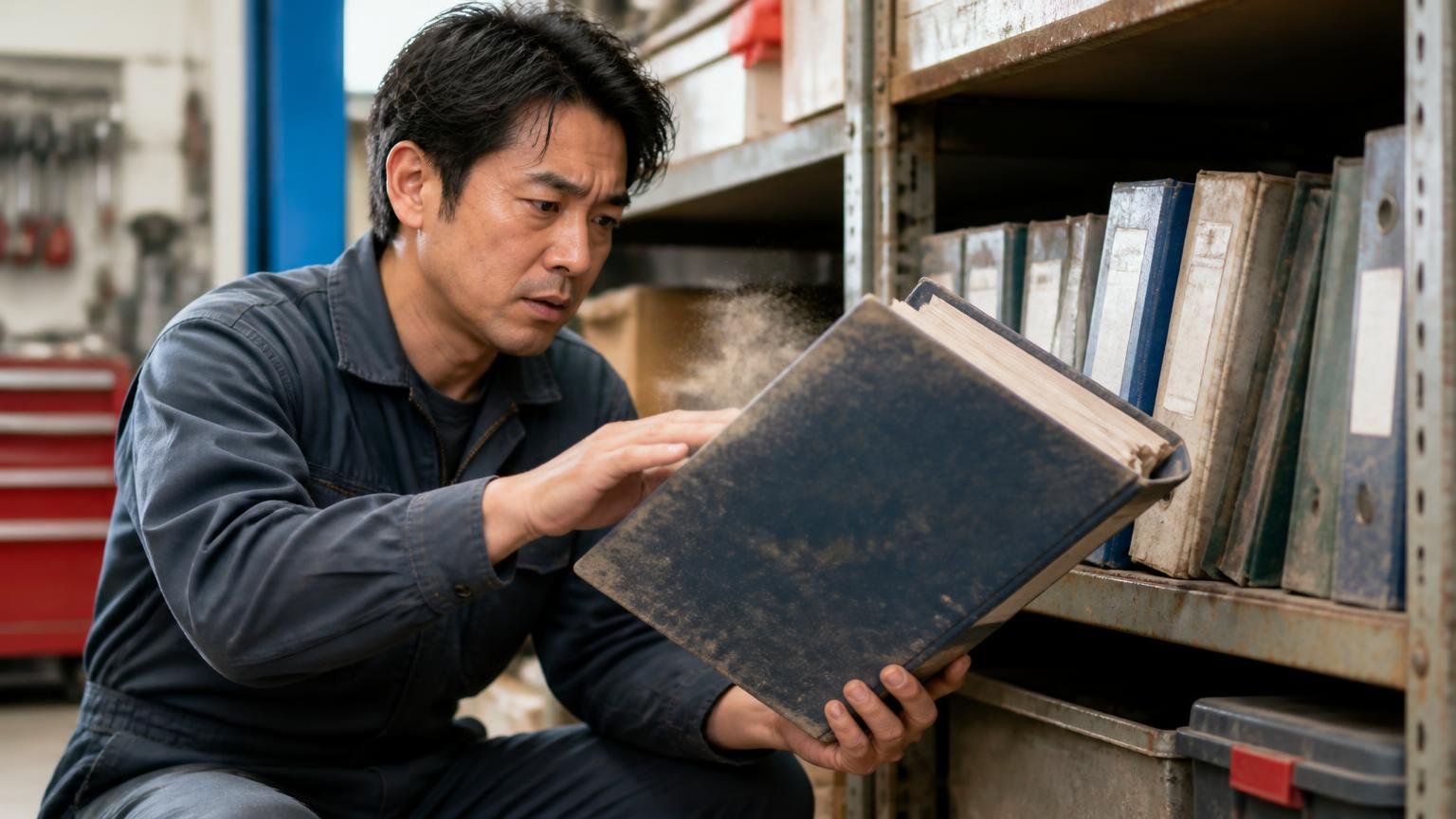 整備記録簿と交換履歴を探す 車庫の棚から書類ファイルを取り出す 男性1人がほこりを払って中を開く