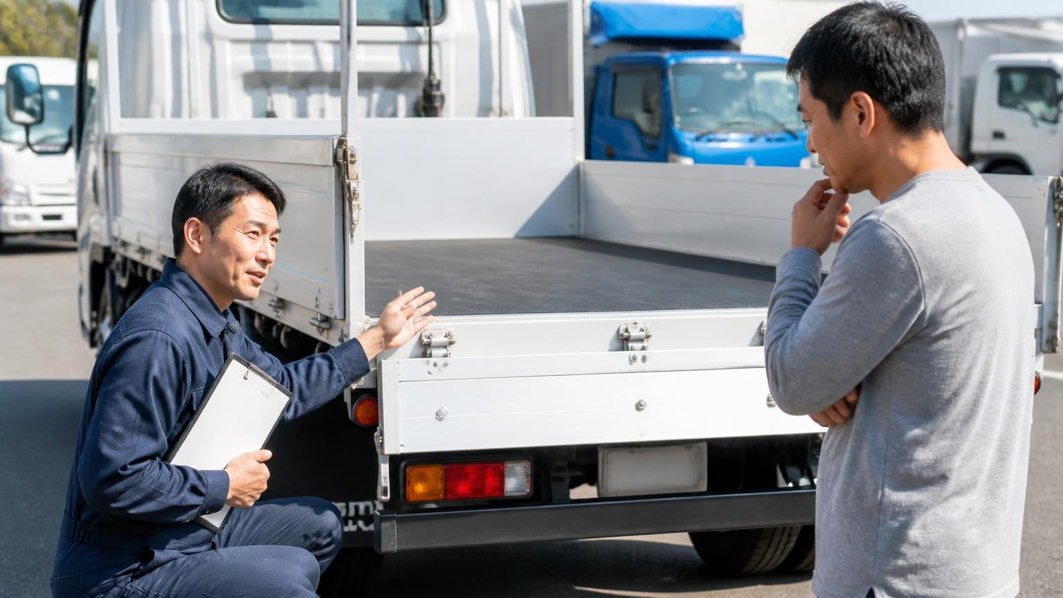 査定額の差はどこで生まれるのか　屋外でトラックの荷台を確認する査定士と男性　2人　説明を受ける