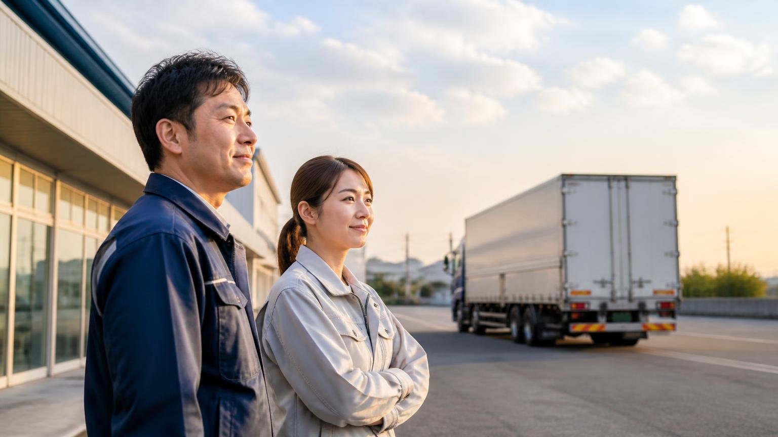 いま手放したらいくらかを知ってから決める。夕方の営業所前でトラックを見送る男女2人が、穏やかな表情で並んで立つ