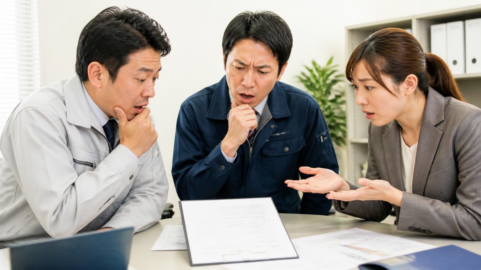 トラックコムの評判についてよくある質問。事務所で査定書を前に相談する男性2人と女性1人が、疑問を出し合っている