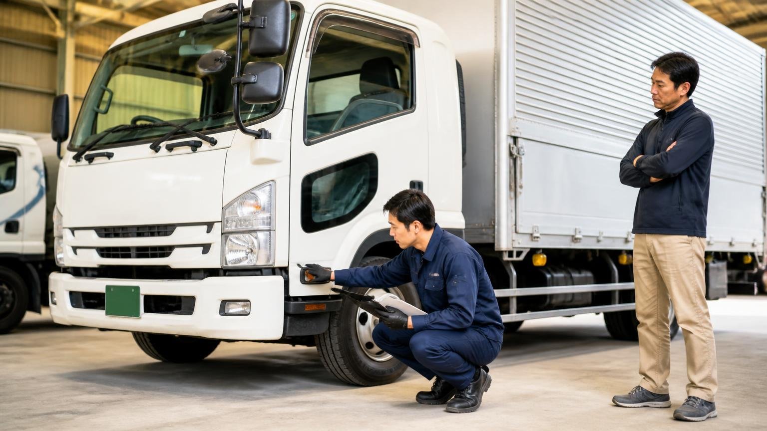 買取の流れは2段階。営業所の車庫で4tトラックを査定する担当者1人と見守る依頼者1人