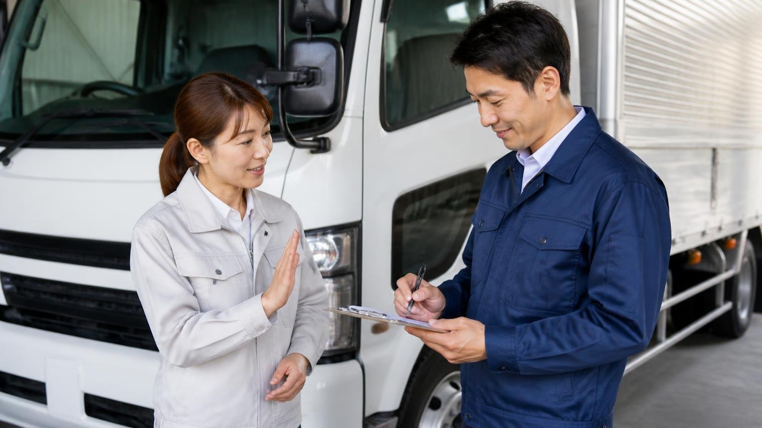 契約時に今後の営業連絡は不要と伝える、車庫でトラックの脇に立ち契約書にサインしながら話す男女2人