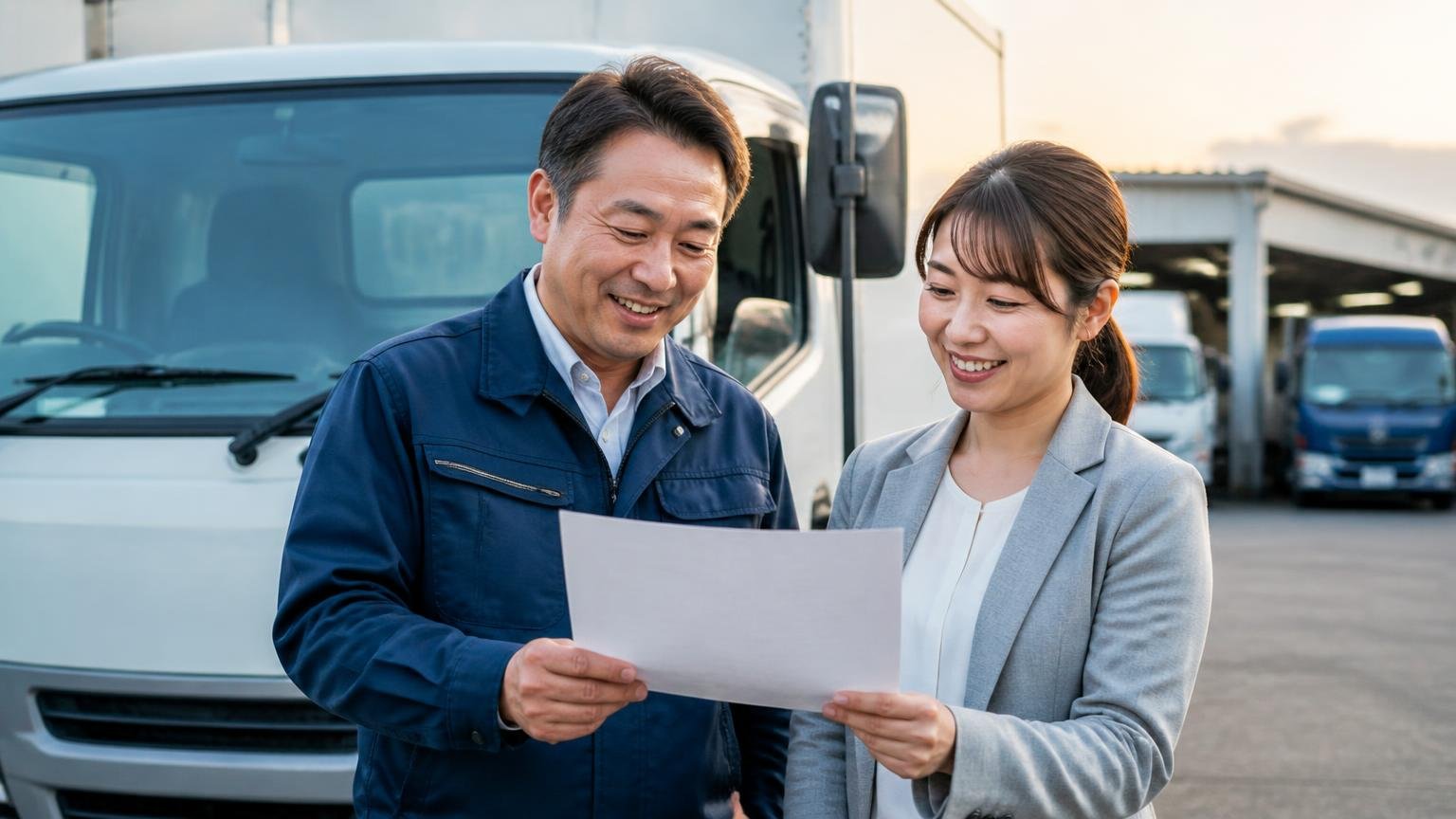 まずは無料査定であなたのキャンターの今の金額を知る 夕方の営業所の車庫で査定書を受け取る 男性1人と女性1人 書面を見ながら安心した表情