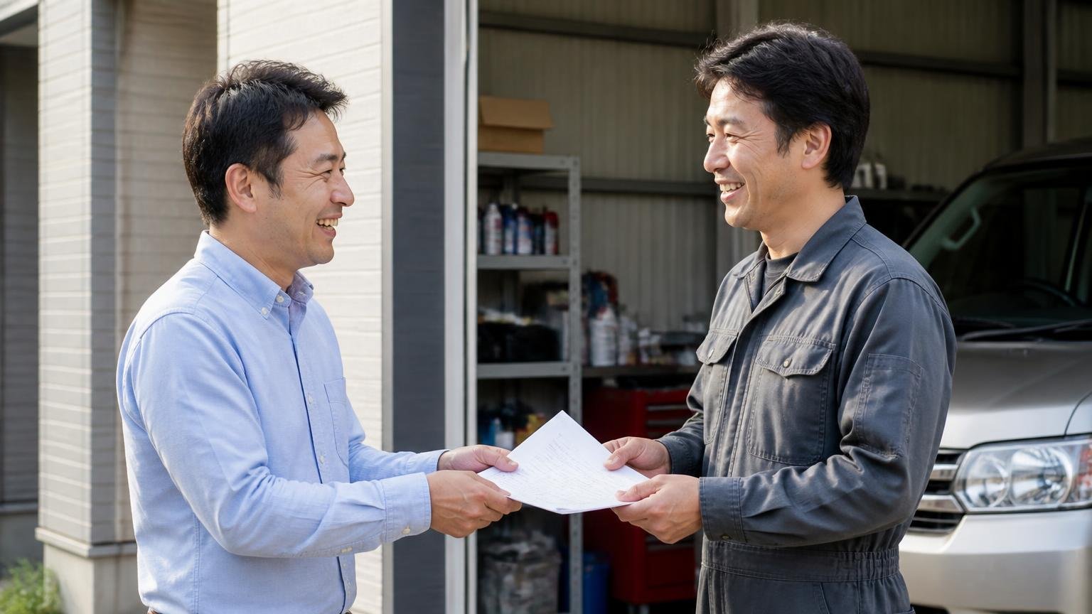 書類の代行をどこまでやってくれるかで手間はまったく変わる 車庫の前で書類を手渡しながら笑顔で話す男性2人