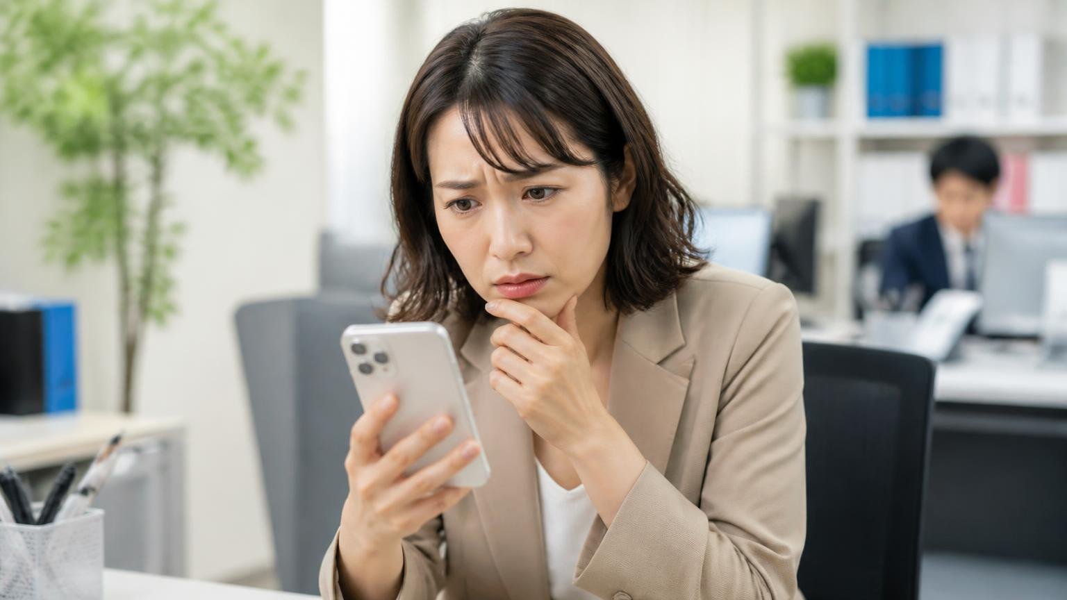 営業電話が不安なときの申し込み方。事務所でスマホを手に迷う30代女性1人が眉を寄せて画面を見る