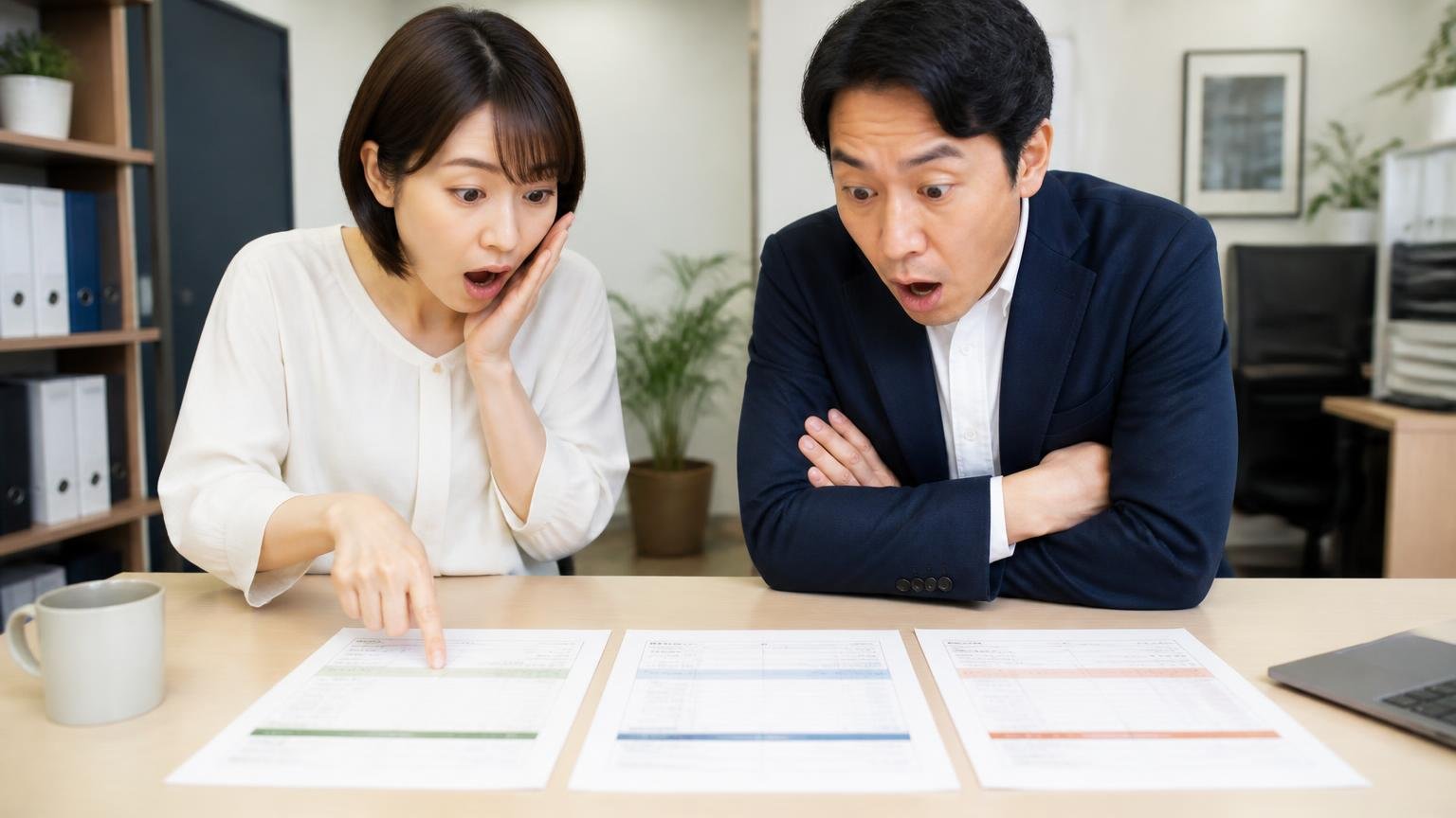1社だけの査定額には物差しがない 事務所の机に3社の査定書を並べて見比べる男女2人が驚いた表情