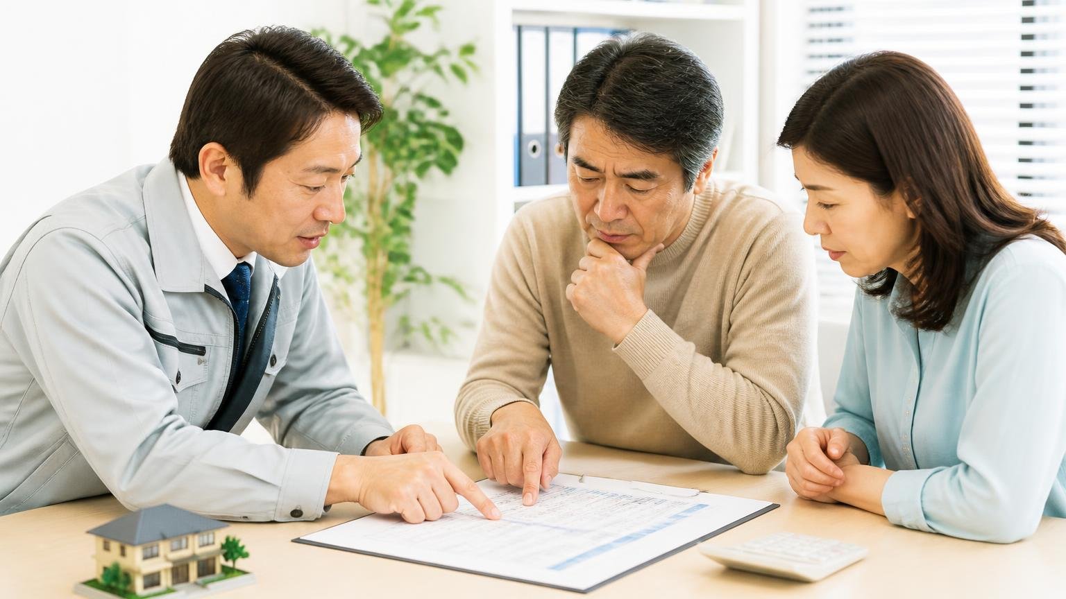 査定額を書面でもらい、減額の条件まで確認する|事務所で査定書を広げた3人が項目を1つずつ指でたどって話し合う