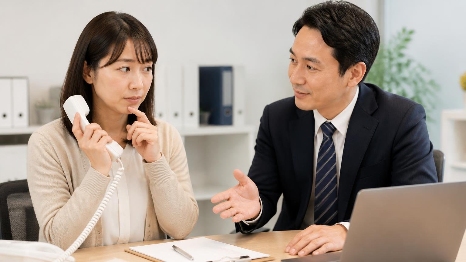 査定と売却は別。事務所で電話を手に少しためらう女性の隣で、男性が落ち着いた様子で説明する