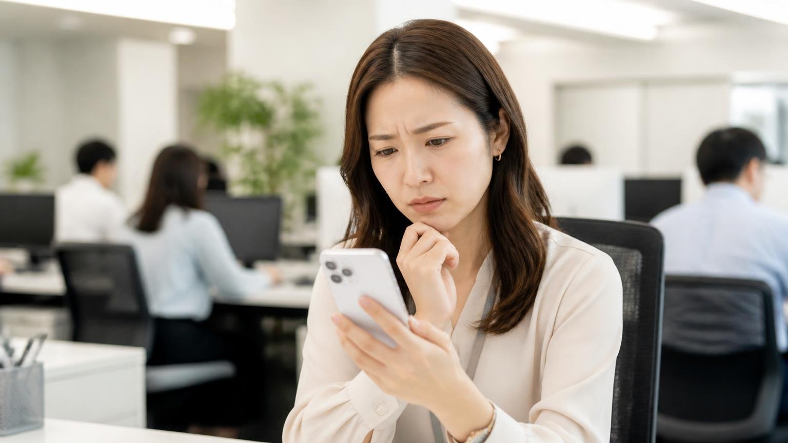 電話がしつこいのが嫌なら依頼の仕方を選ぶ 事務所でスマホを手に迷う 女性1人が眉を寄せて画面を見る