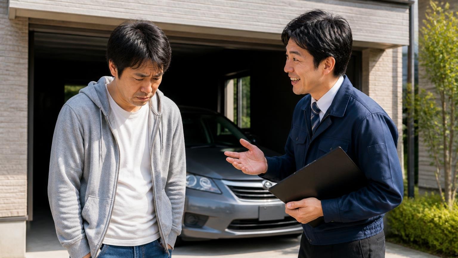 1社の「値段はつきません」は結論ではない。車庫の前で肩を落とす男性1人に、別の査定士が明るく話しかける