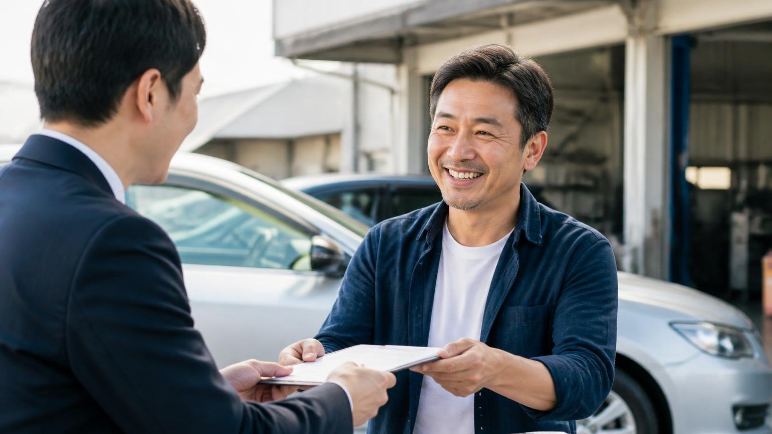 まず無料査定で1社目の物差しを手に入れる。営業所の車庫で査定に来た担当者と向き合う男性が、書面を受け取って安心した笑顔を見せている