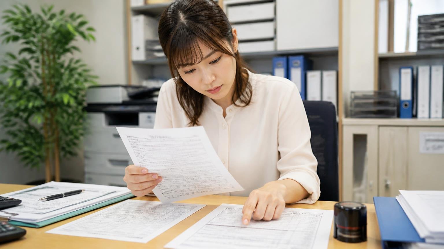 必要書類をそろえて名義変更の時期を確認する。事務所の机に車検証や印鑑証明を並べて確認する30代女性1人