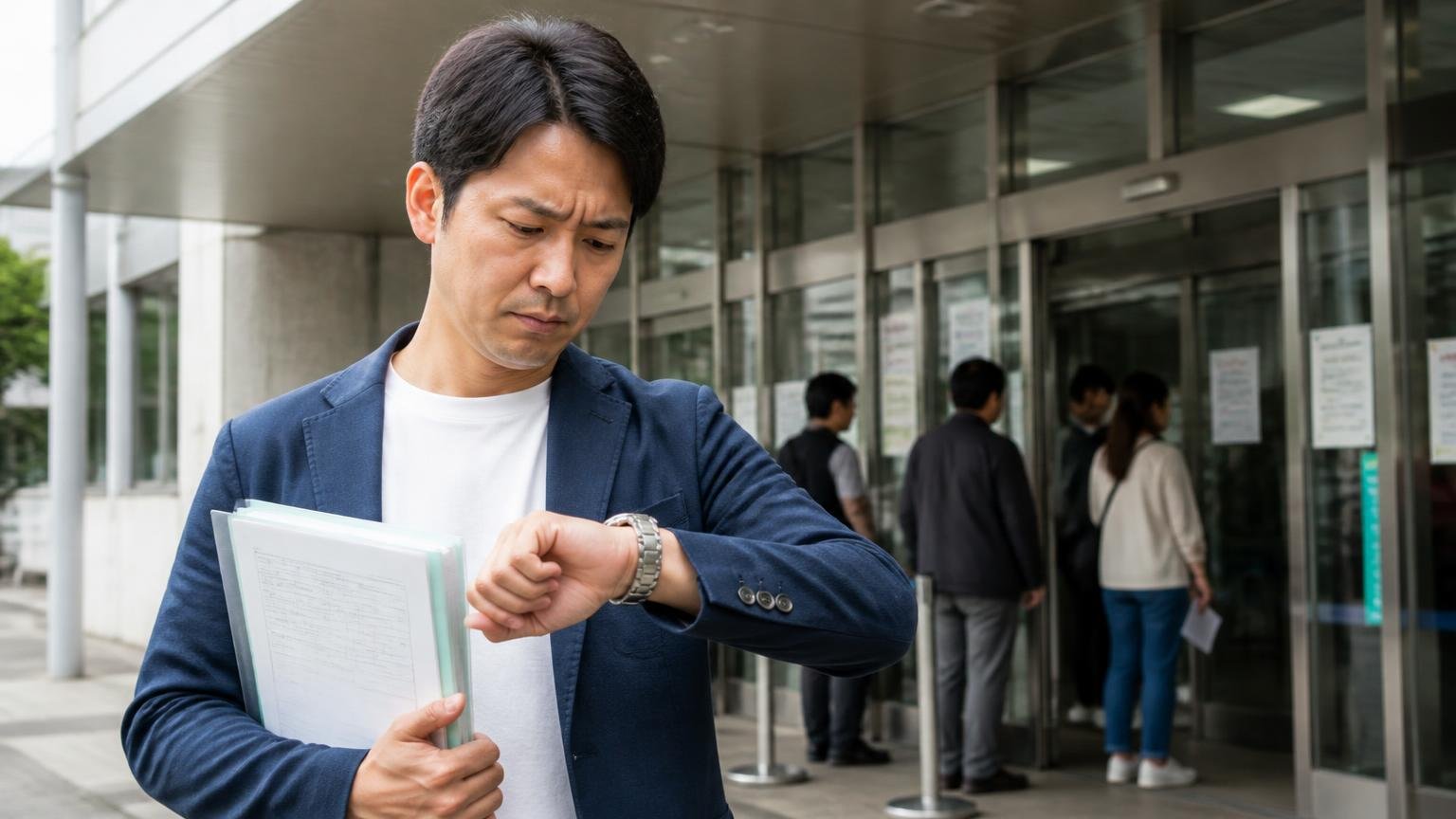自分でやるか代行に任せるか 運輸支局の窓口前で書類を持って並ぶ男性1人が時計を気にする
