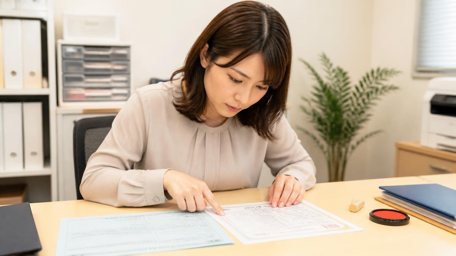 名義変更の書類を先に把握する。事務所の机に車検証と印鑑証明を広げる30代女性1人が指で確認