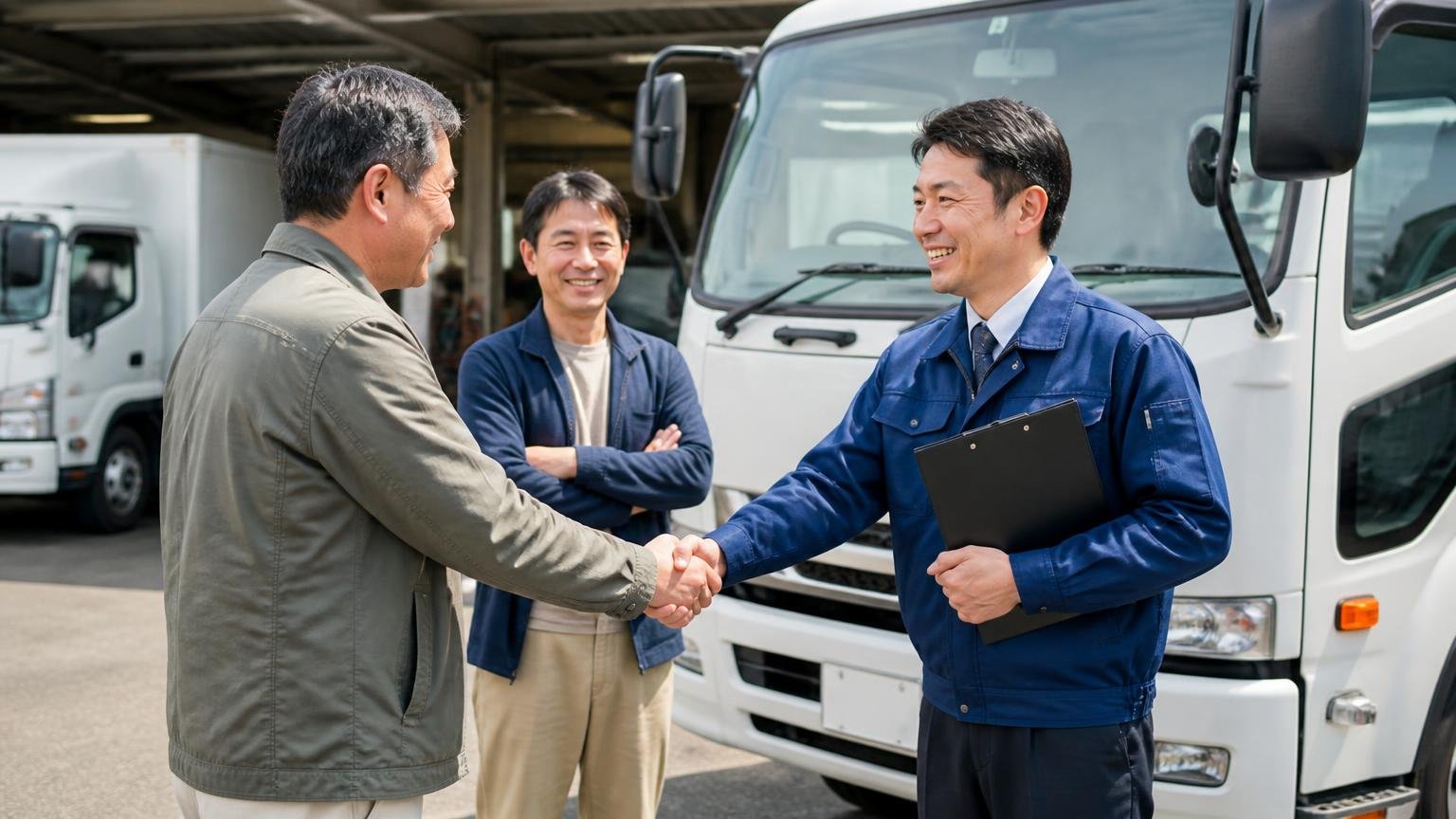 修理見積もりを前に手が止まった人がまず金額だけ聞いた 営業所の車庫でトラックを査定する担当者と見守る男性が握手