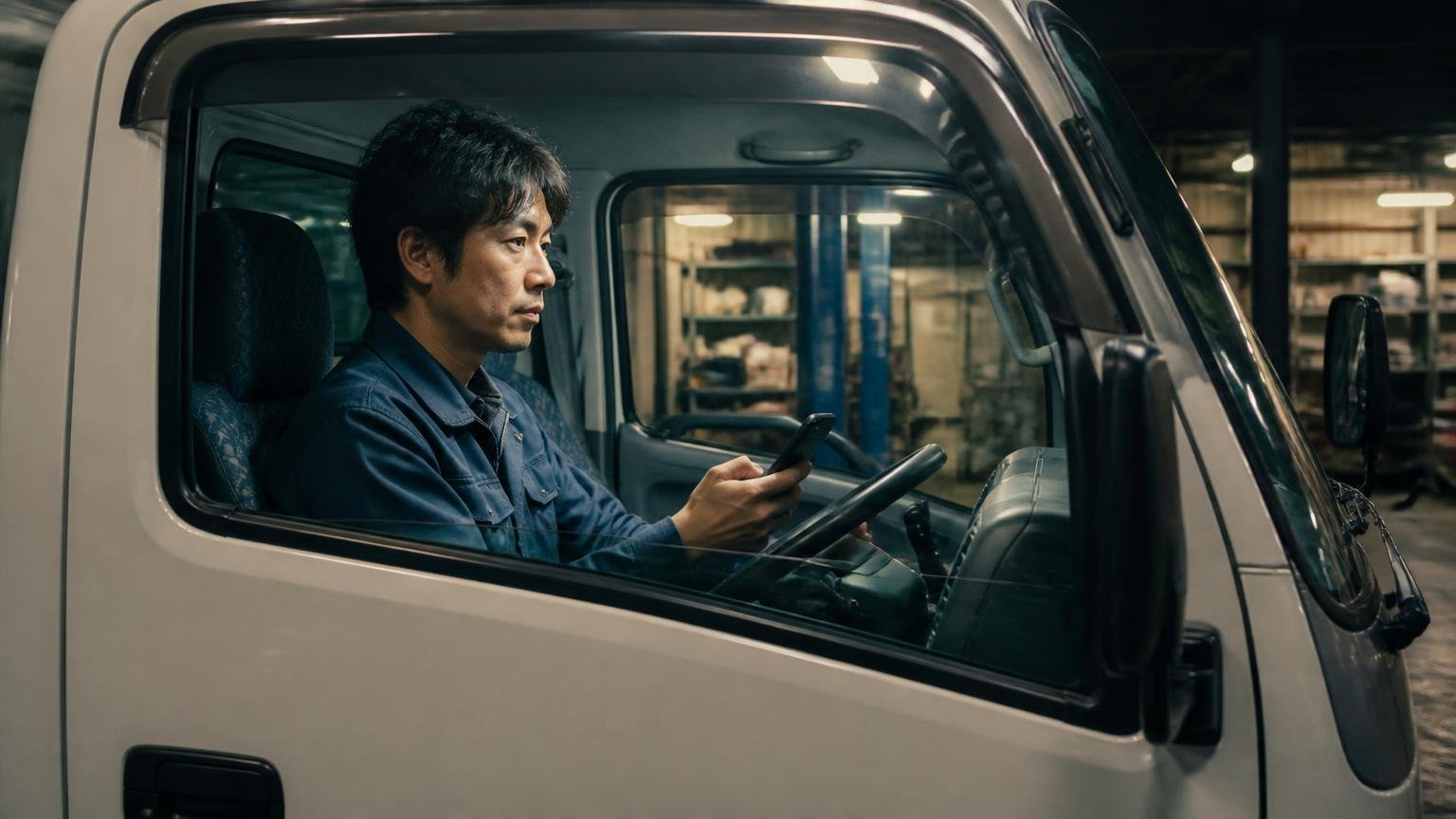 今夜できる最初の一歩。夜の車庫に停めたエルフの運転席で、男性がスマホを操作し前を向く