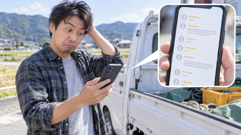 良い口コミ★5は6件でも本文があるのは2件だけ、スマホでクチコミ画面をスクロールする軽トラの荷台の横、男性1人、拍子抜けした表情