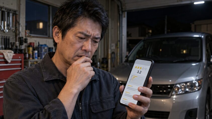 ★3.2を見て電話をためらっている人が最初に知るべきこと 夜の車庫でスマホの口コミ画面を見つめる40代男性1人 眉をひそめる
