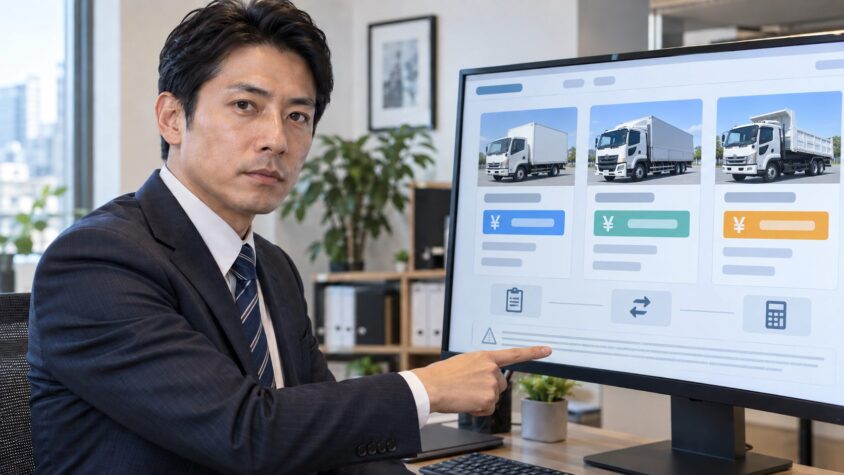 この金額を保証するものではないという但し書き 事務所で買取実績の画面を指差す男性1人 真顔