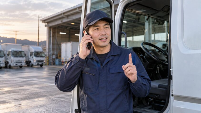 連絡ルールを先に伝える場面。早朝の車庫で運転席のドアを開けながらスマホで話す男性1人が落ち着いた表情