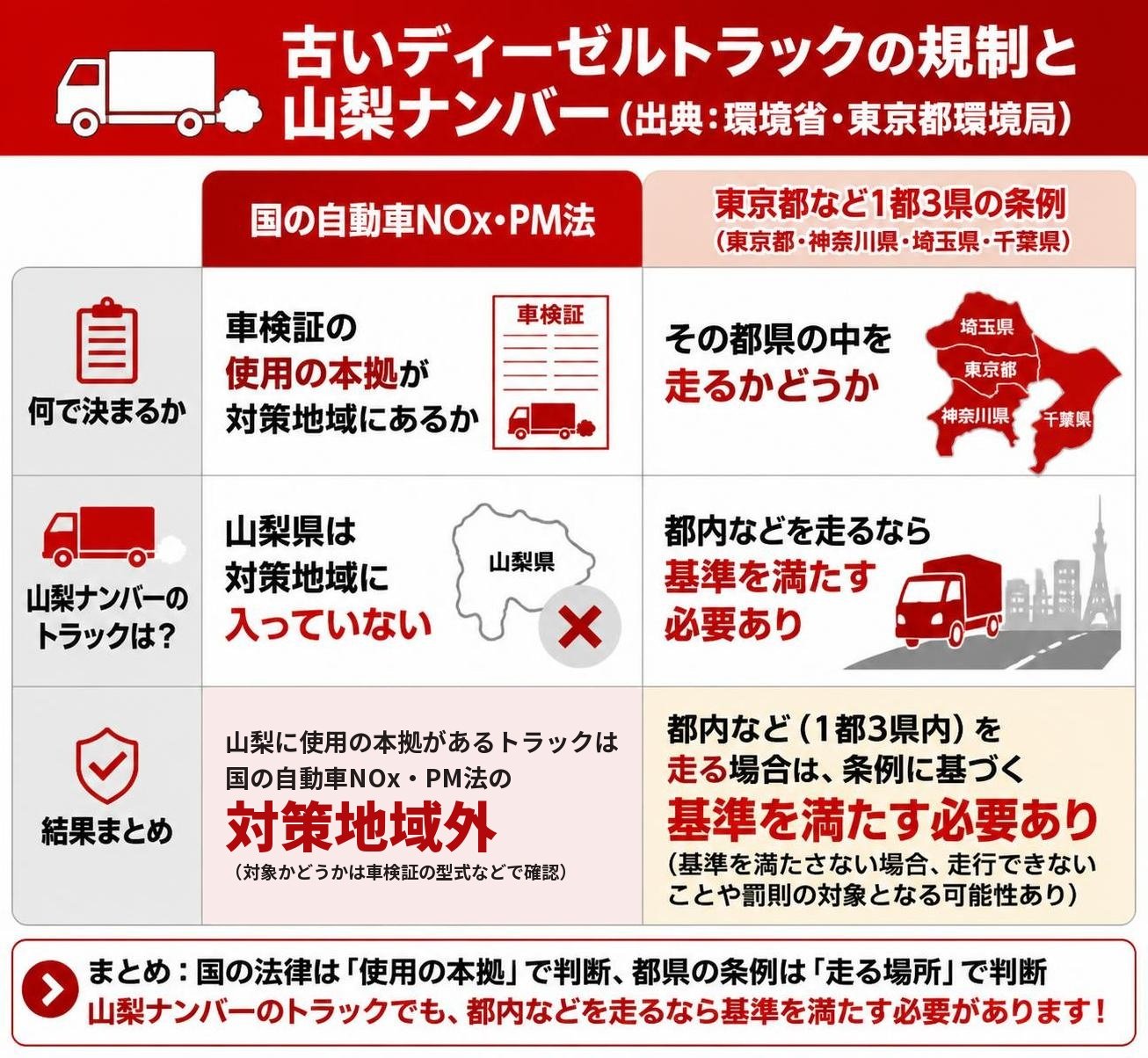 【比較表作成】古いディーゼルトラックの規制と山梨ナンバー(出典:環境省・東京都環境局)。国の自動車NOx・PM法: 何で決まるか=車検証の使用の本拠が対策地域にあるか, 山梨ナンバーのトラック=山梨県は対策地域に入っていない / 東京都など1都3県の条例: 何で決まるか=その都県の中を走るかどうか, 山梨ナンバーのトラック=都内などを走るなら基準を満たす必要あり