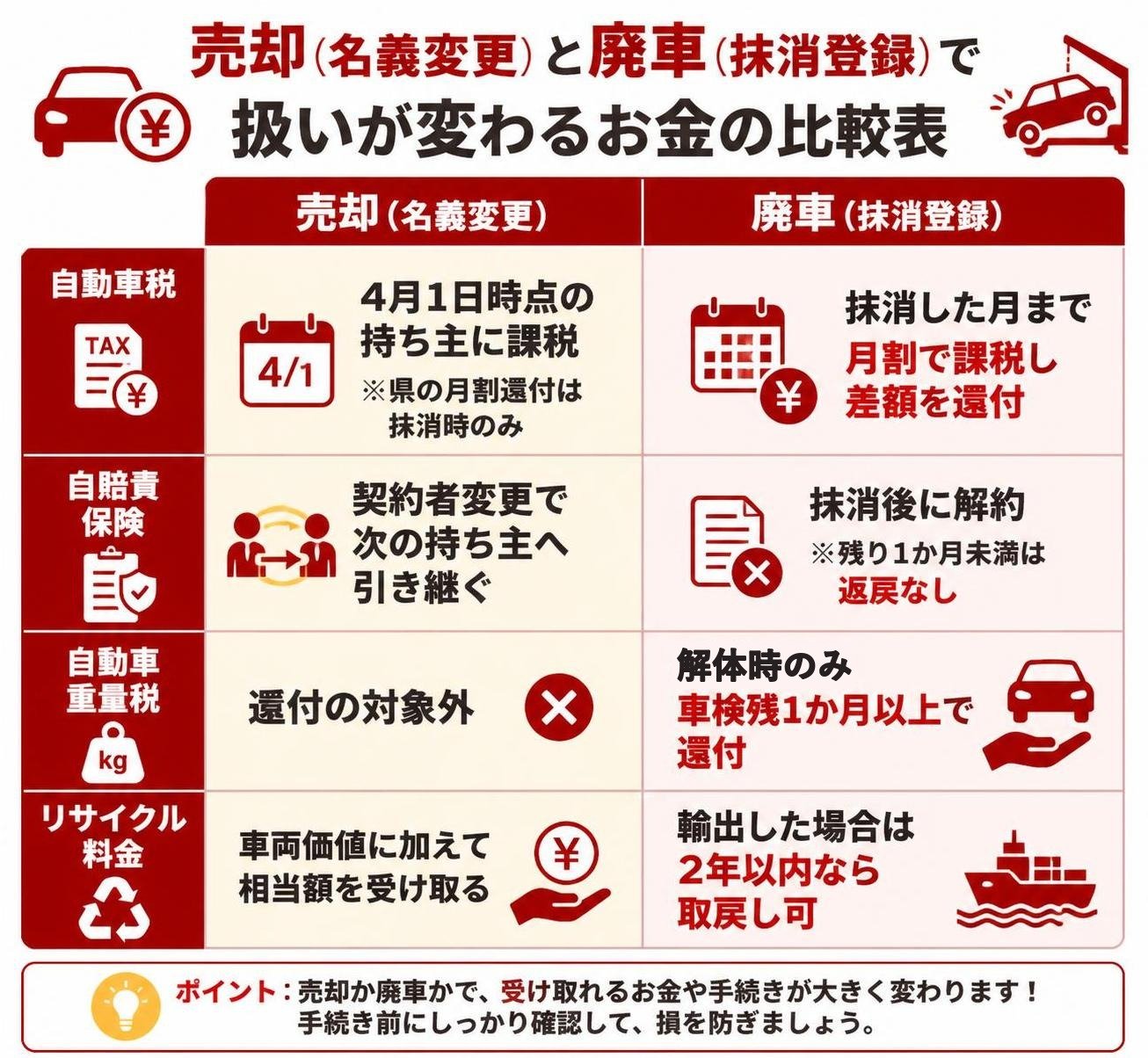 【比較表作成】売却(名義変更)と廃車(抹消登録)で扱いが変わるお金。自動車税: 売却=4月1日時点の持ち主に課税(県の月割還付は抹消時のみ), 廃車=抹消した月まで月割で課税し差額を還付 / 自賠責保険: 売却=契約者変更で次の持ち主へ引き継ぐ, 廃車=抹消後に解約(残り1か月未満は返戻なし) / 自動車重量税: 売却=還付の対象外, 廃車=解体時のみ車検残1か月以上で還付 / リサイクル料金: 売却=車両価値に加えて相当額を受け取る, 廃車=輸出した場合は2年以内なら取戻し可