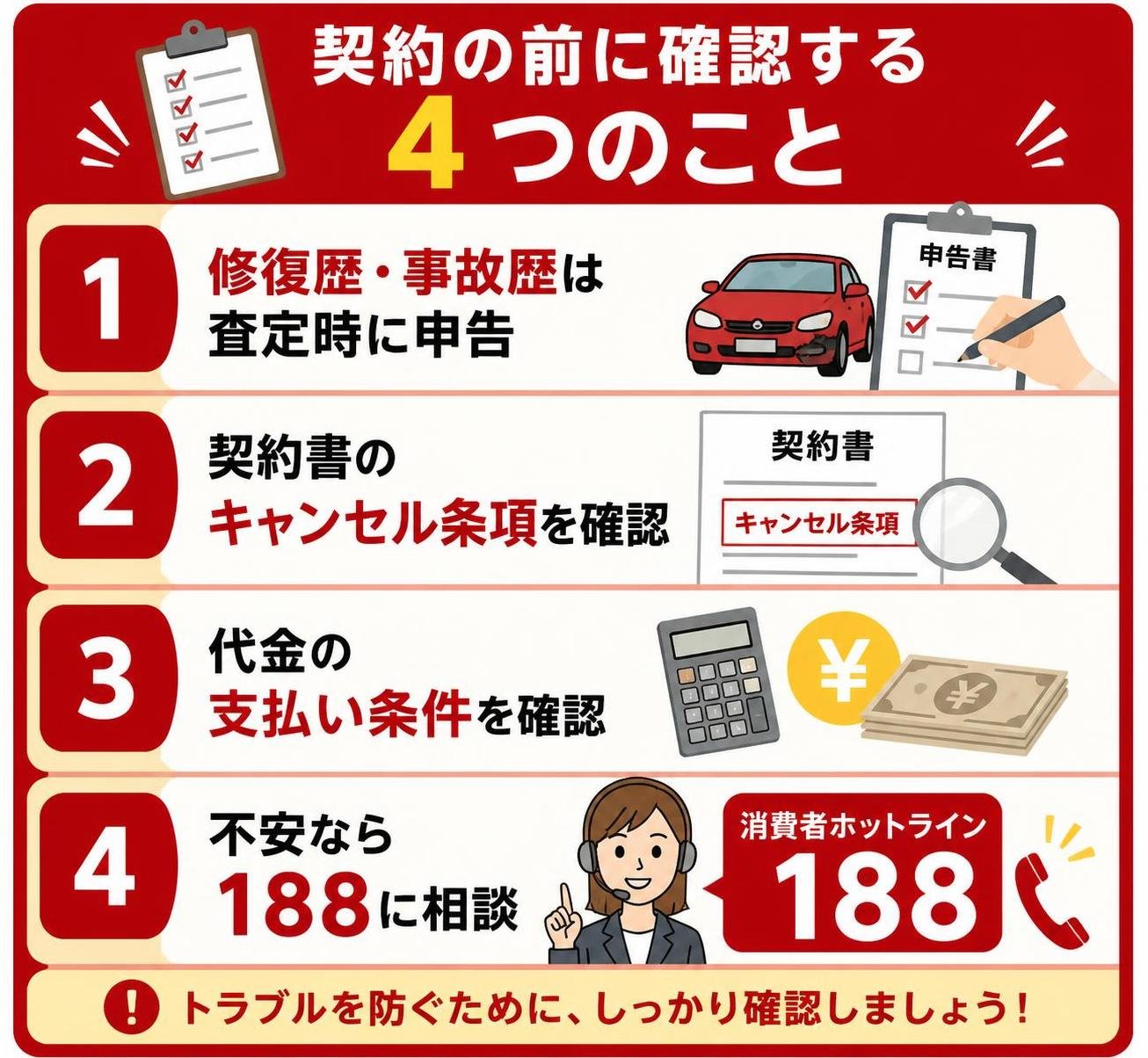 【ステップ作成】契約の前に確認する4つのこと:修復歴・事故歴は査定時に申告→契約書のキャンセル条項を確認→代金の支払い条件を確認→不安なら188に相談